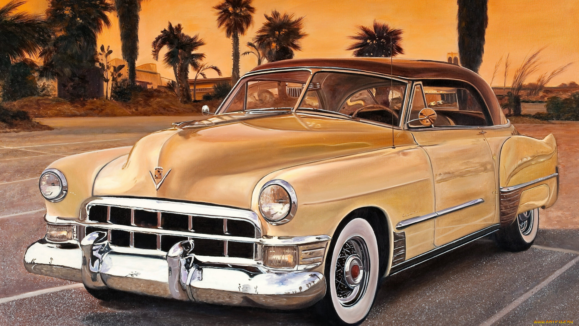 рисованное, авто, мото, машина, ретро, желтая, парковка