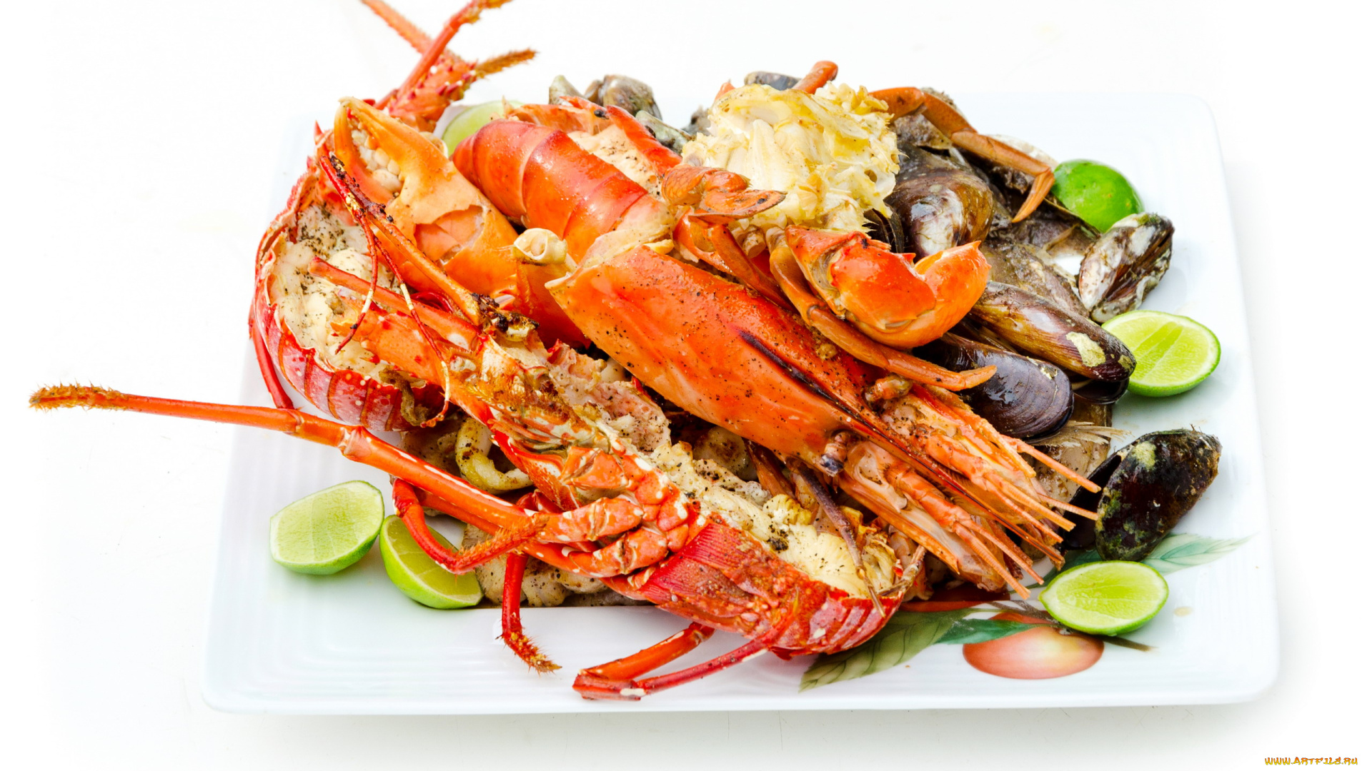 еда, рыбные, блюда, , с, морепродуктами, краб, мидии, лайм