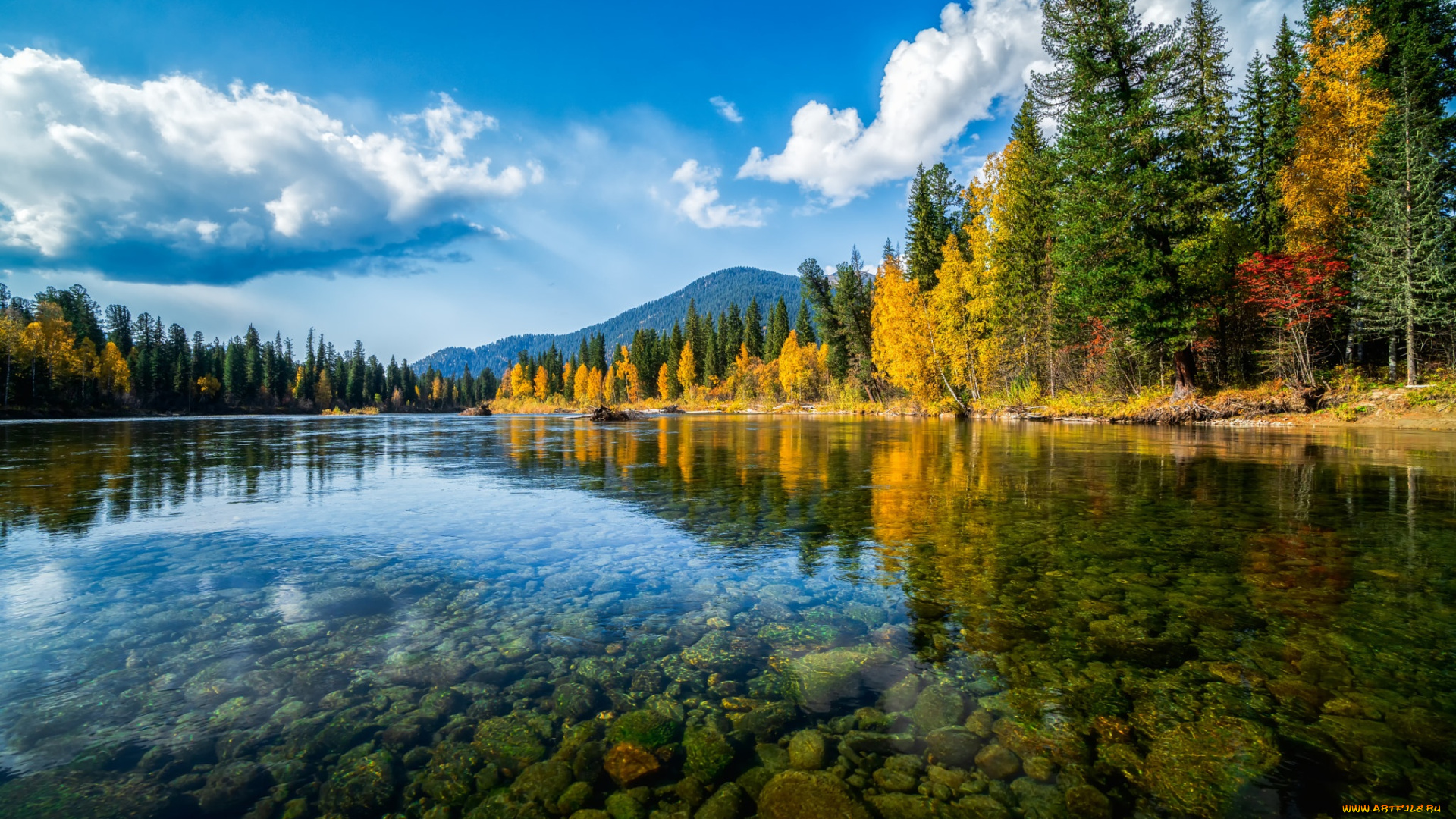 природа, пейзажи, осень, лес, облака, горы, озеро, отражение, синева, камни, дно, водоем