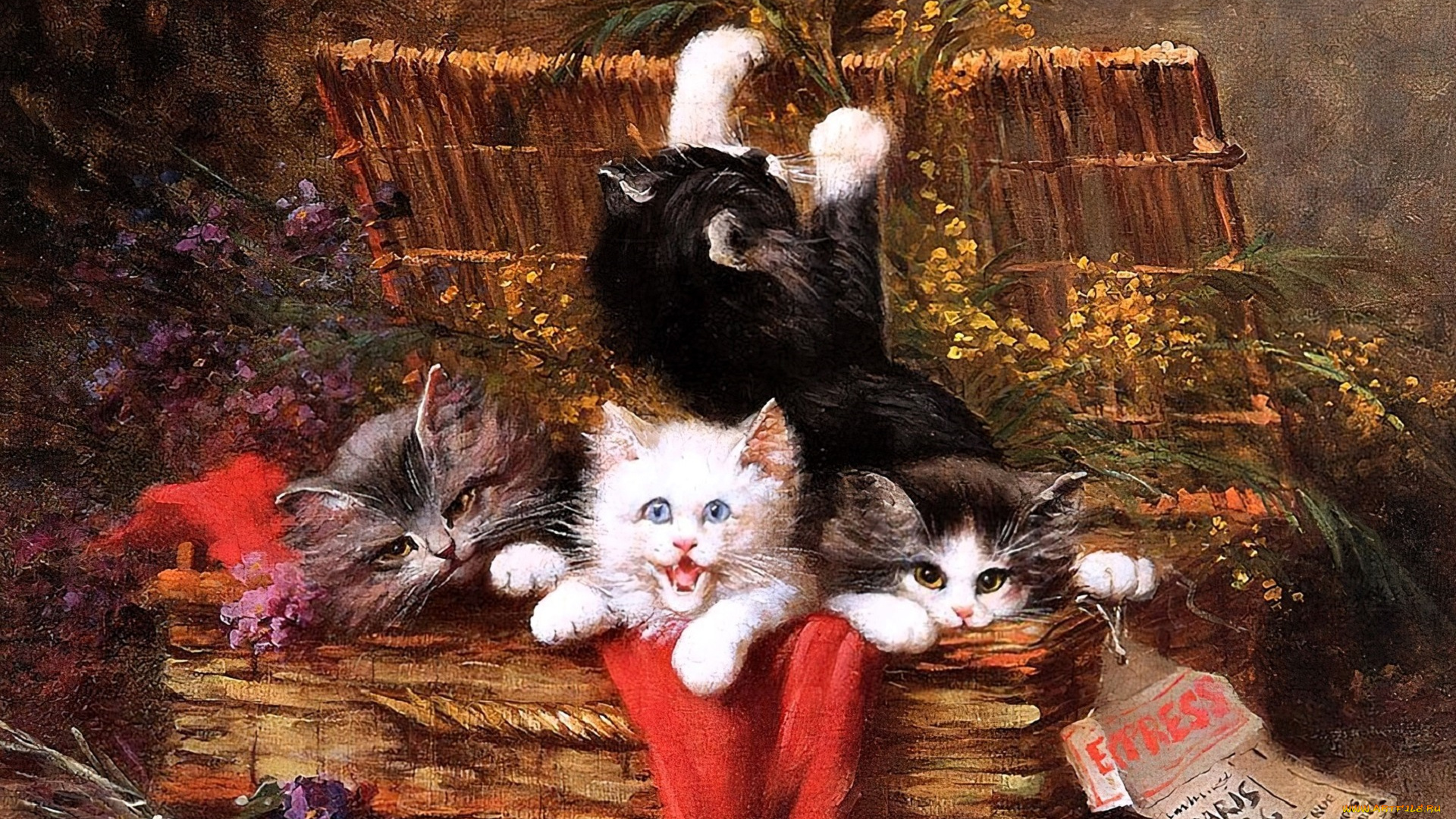 рисованное, leon, charles, huber, котята, корзина, цветы
