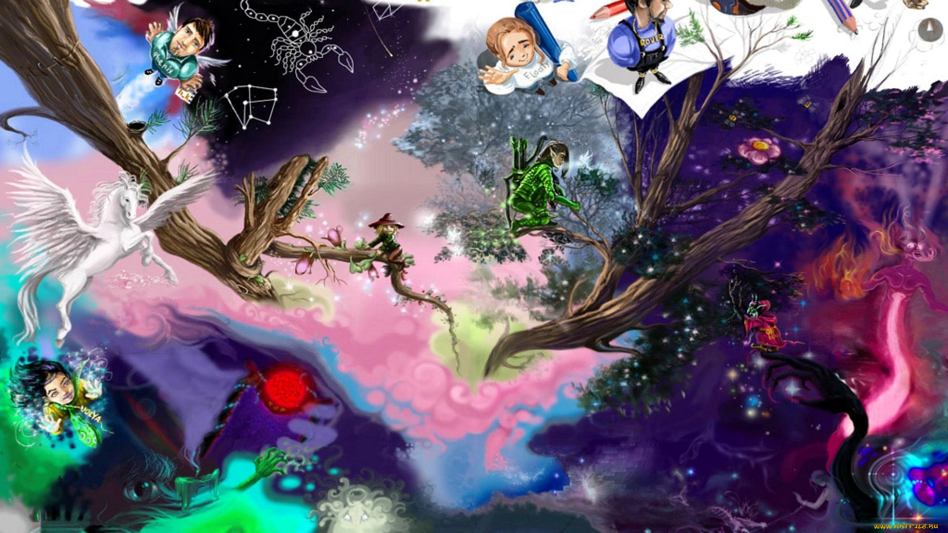 рисованное, люди, коллаж, животные, дерево