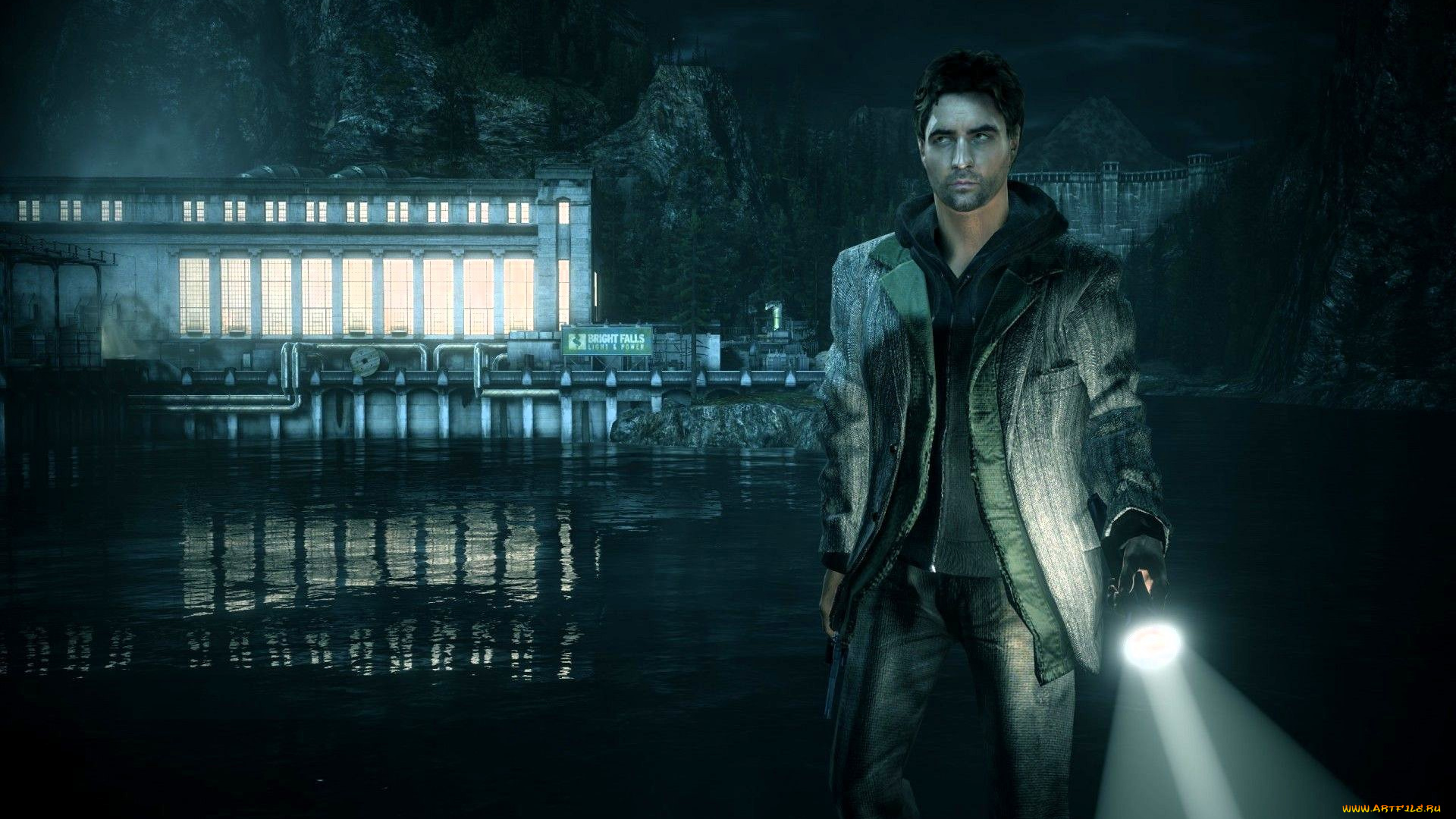 видео, игры, alan, wake, мужчина, фонарь, озеро, здание