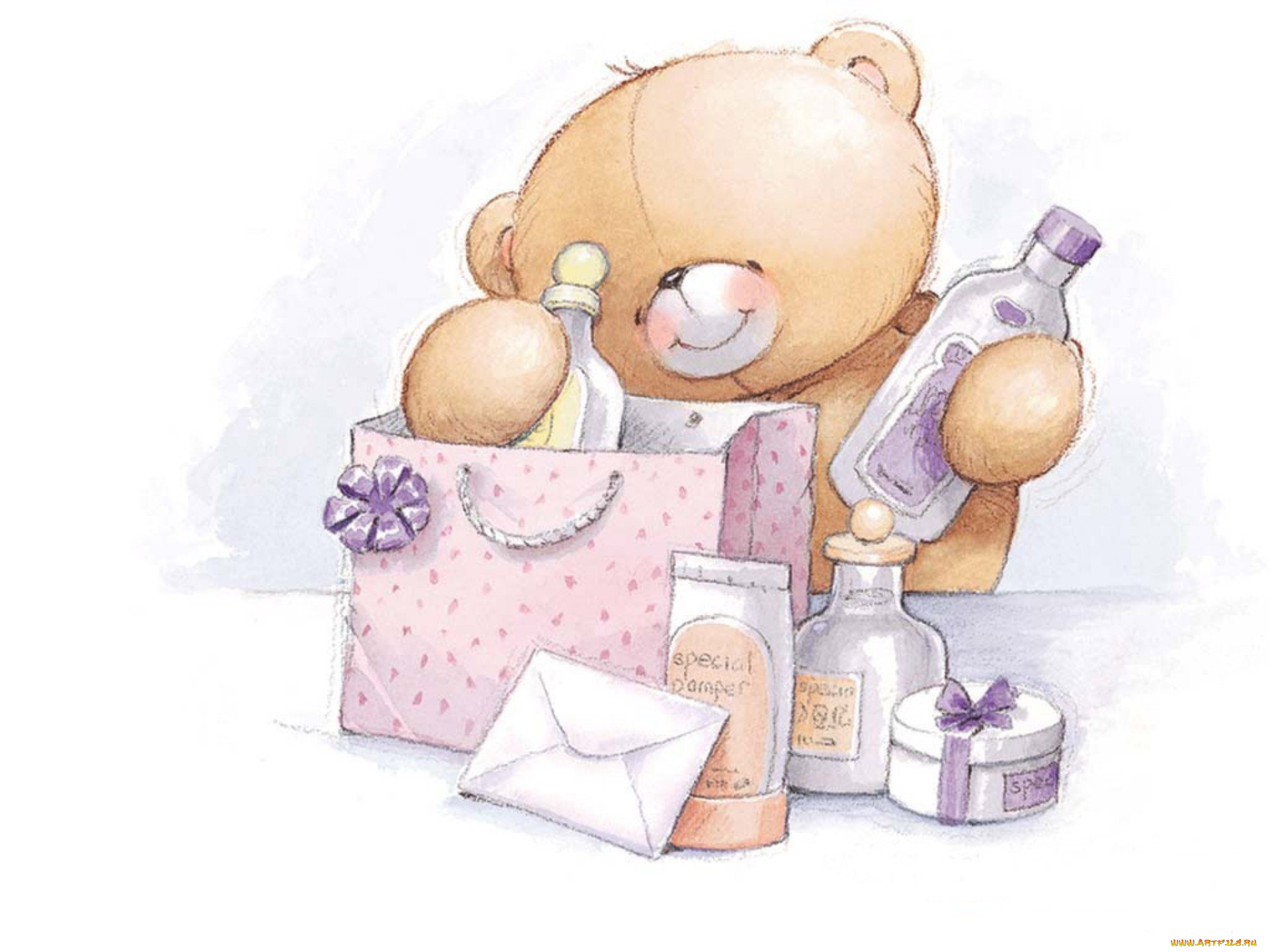 рисованное, мишки, тэдди, мишка, подарок, флаконы, письмо