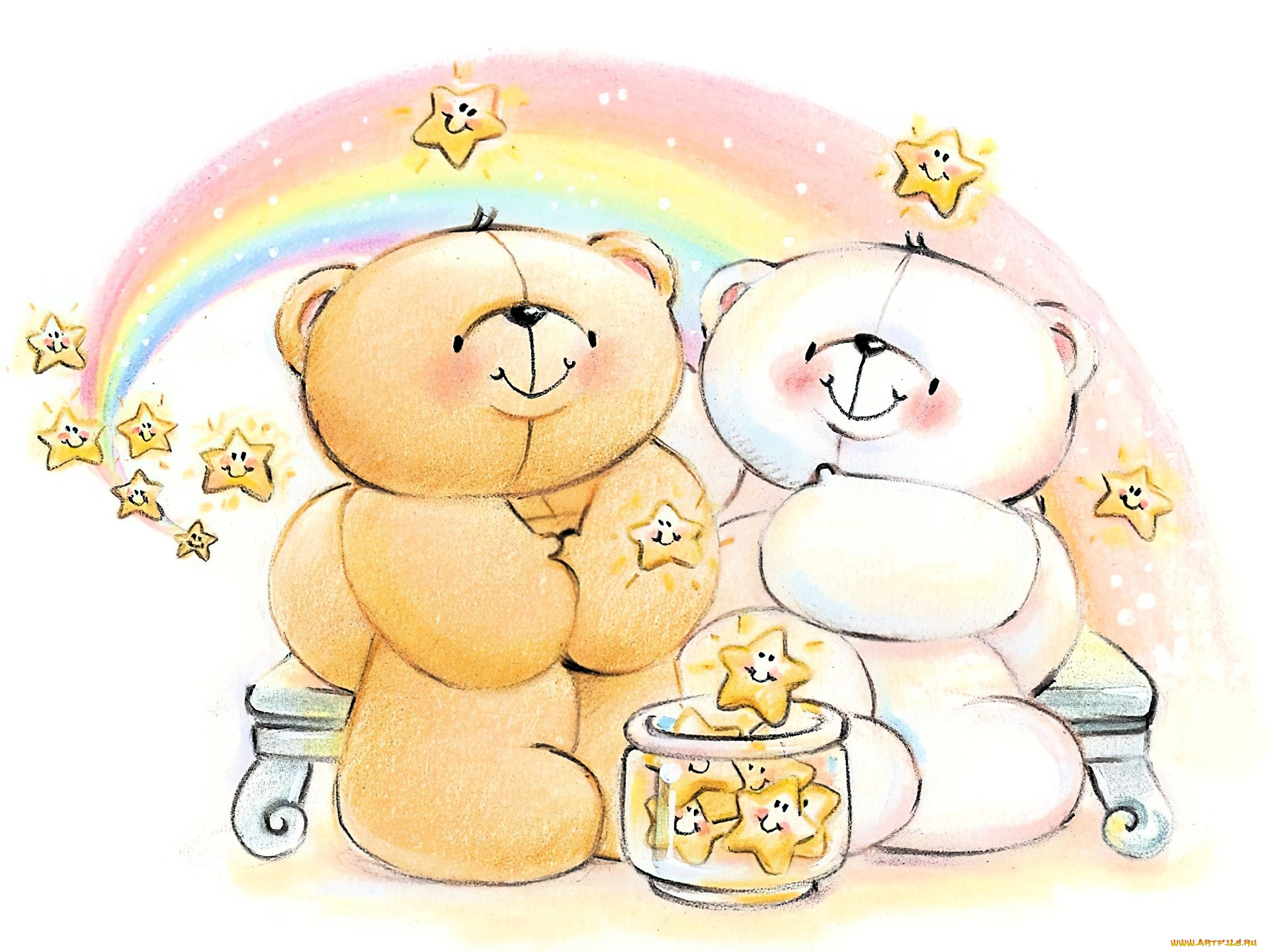 рисованное, мишки, тэдди, мишки, радуга, звезды, банка, скамейка