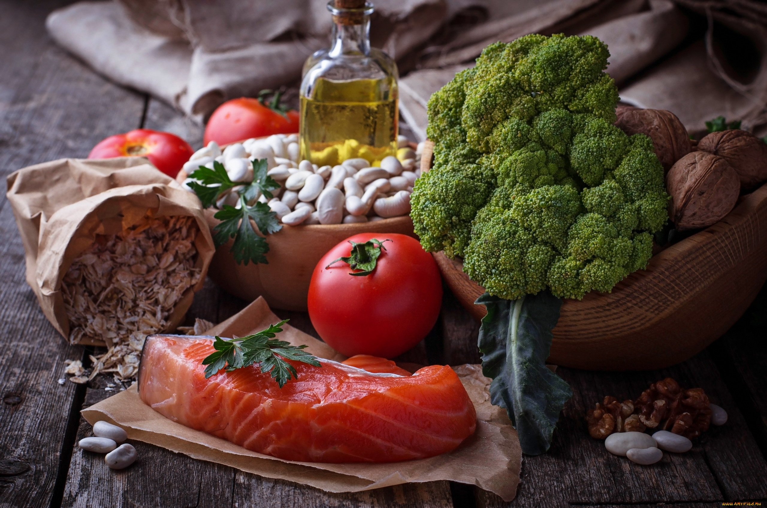 еда, рыба, , морепродукты, , суши, , роллы, брокколи, форель, масло, фасоль, орехи