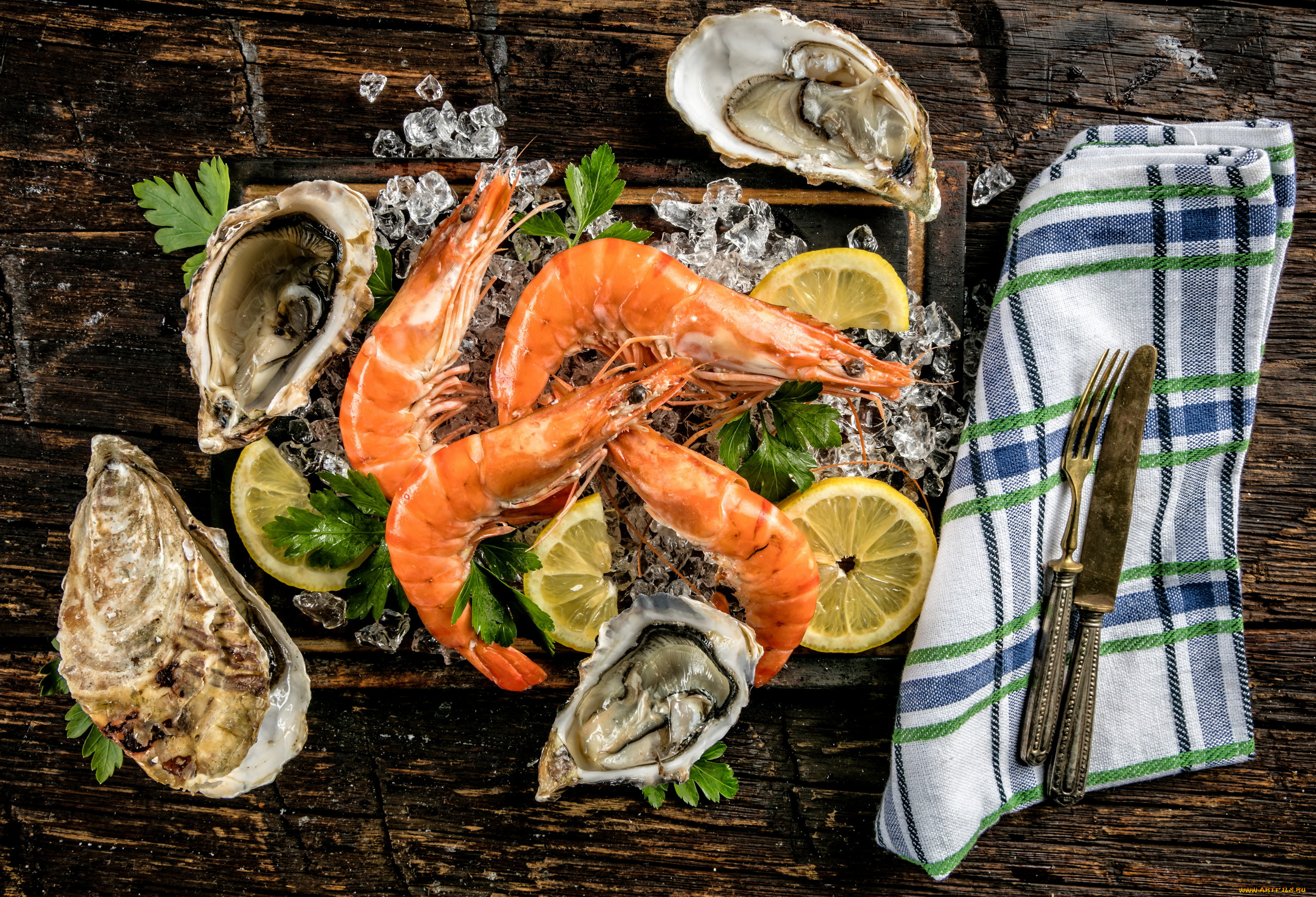 еда, рыбные, блюда, , с, морепродуктами, устрицы, креветки, лед, лимон