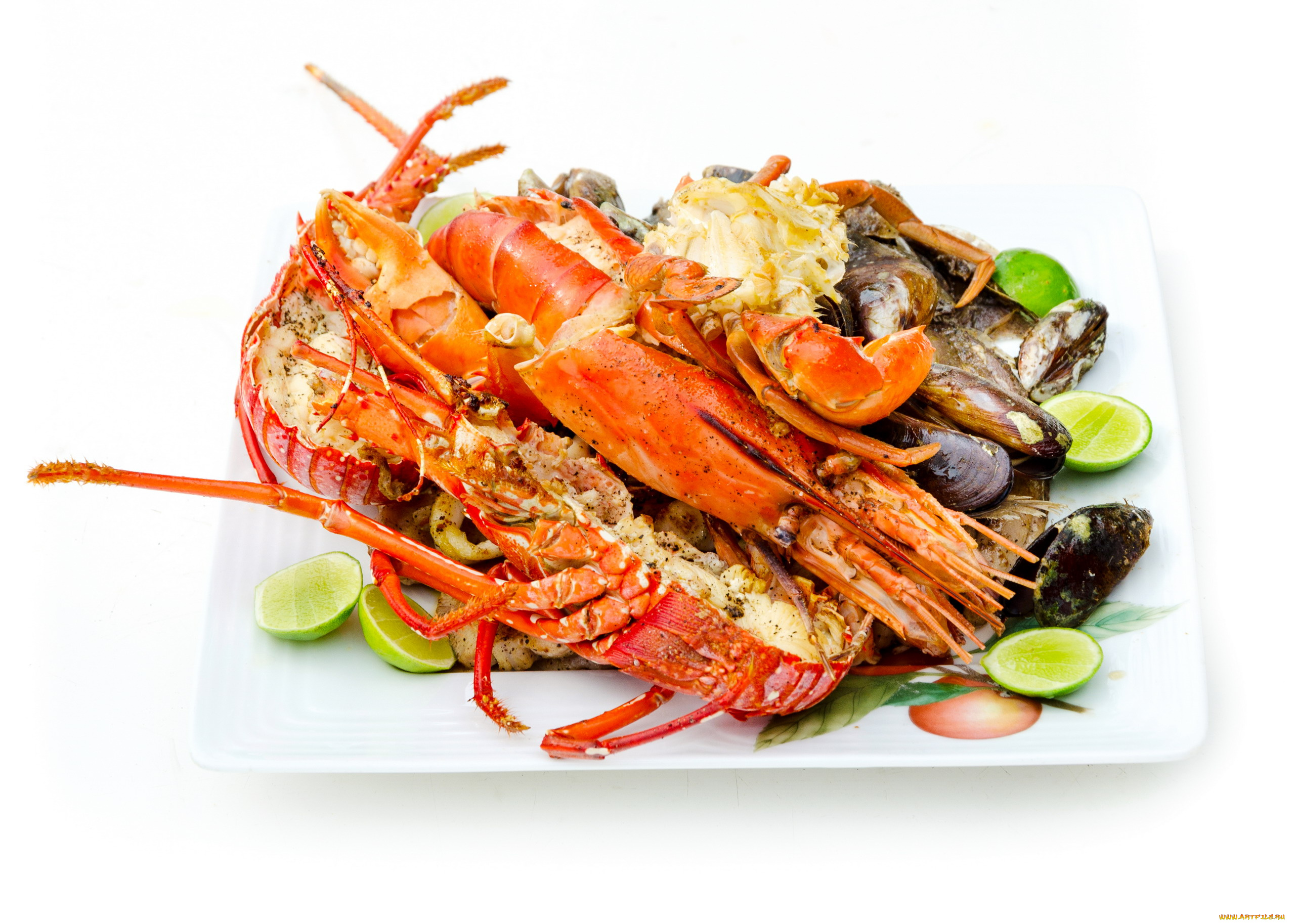 еда, рыбные, блюда, , с, морепродуктами, краб, мидии, лайм
