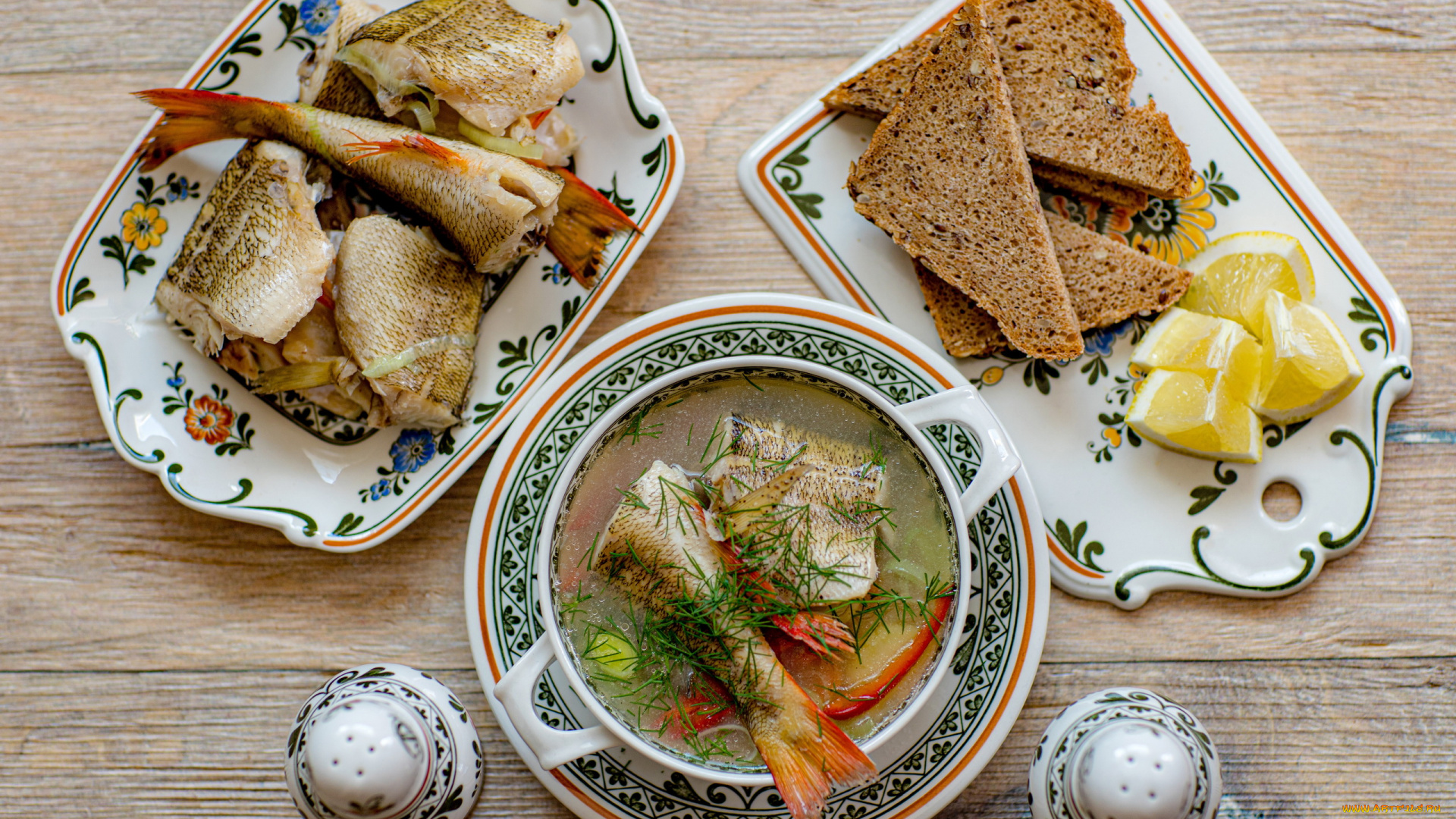 еда, первые, блюда, хлеб, лимон, рыба, уха