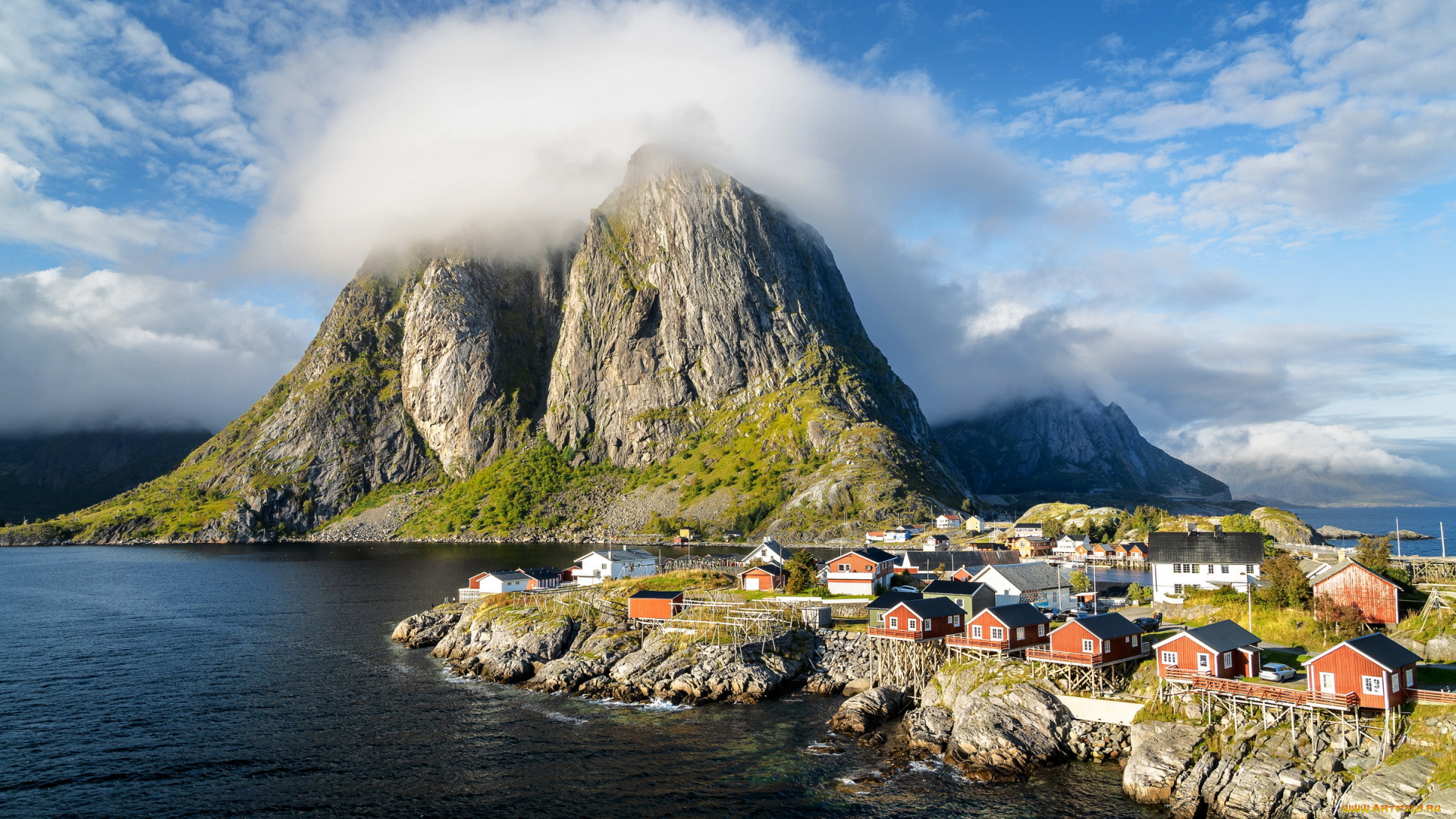города, лофотенские, острова, , норвегия, гора, облака, дома