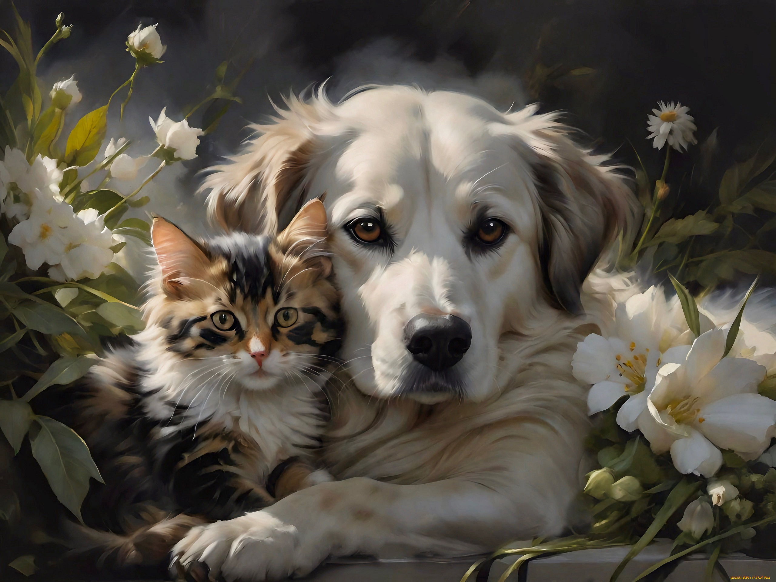 рисованное, животные, кот, кошка, собака