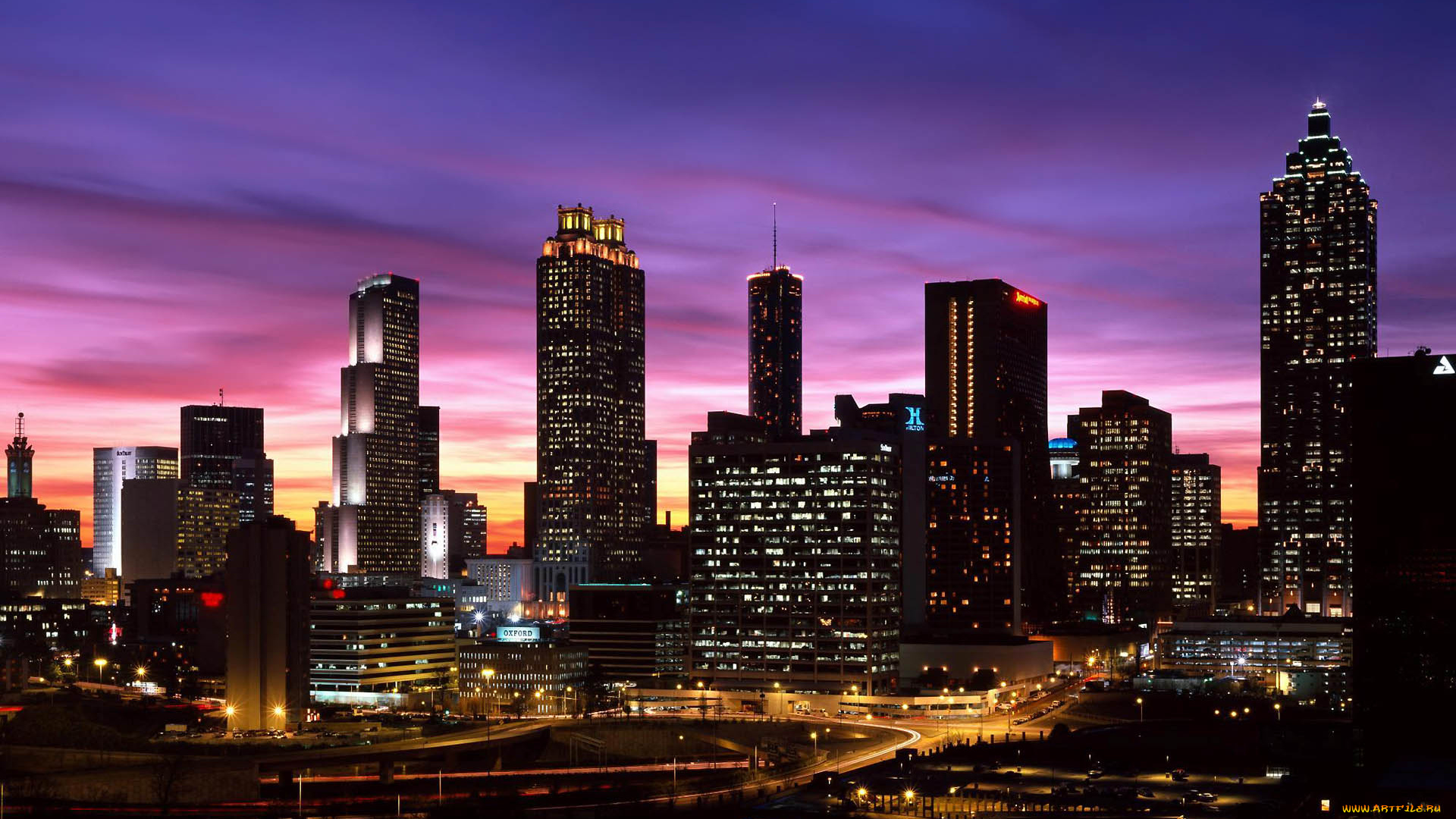 atlanta, skyline, at, sunset, georgia, города, огни, ночного, атланта