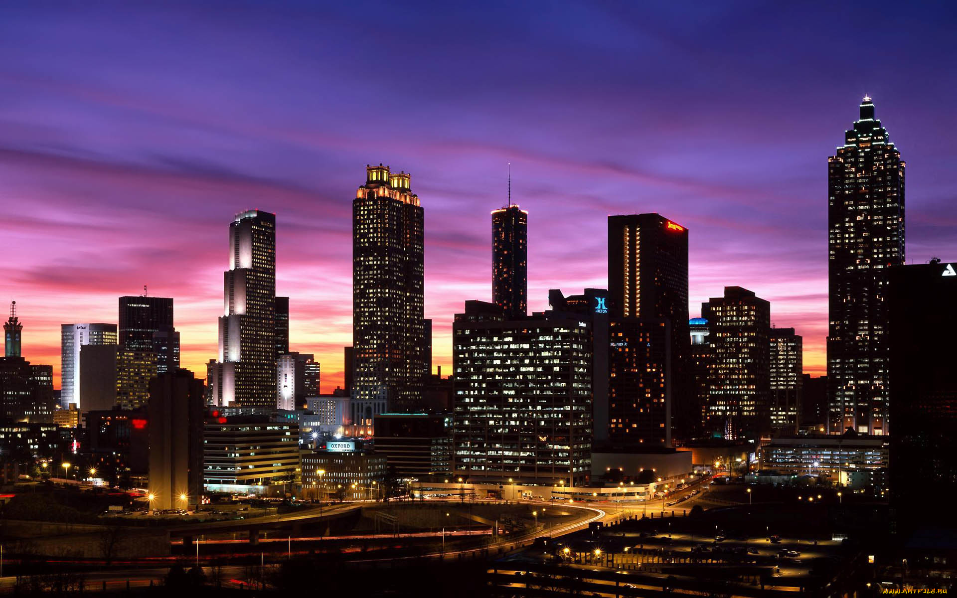 atlanta, skyline, at, sunset, georgia, города, огни, ночного, атланта
