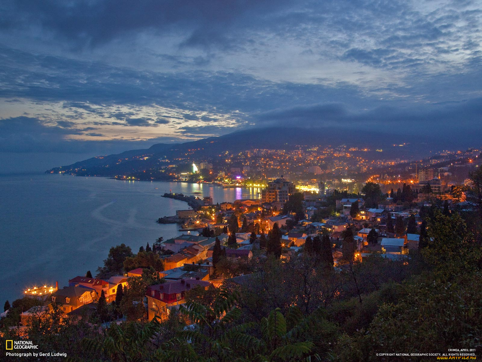 yalta, города, огни, ночного