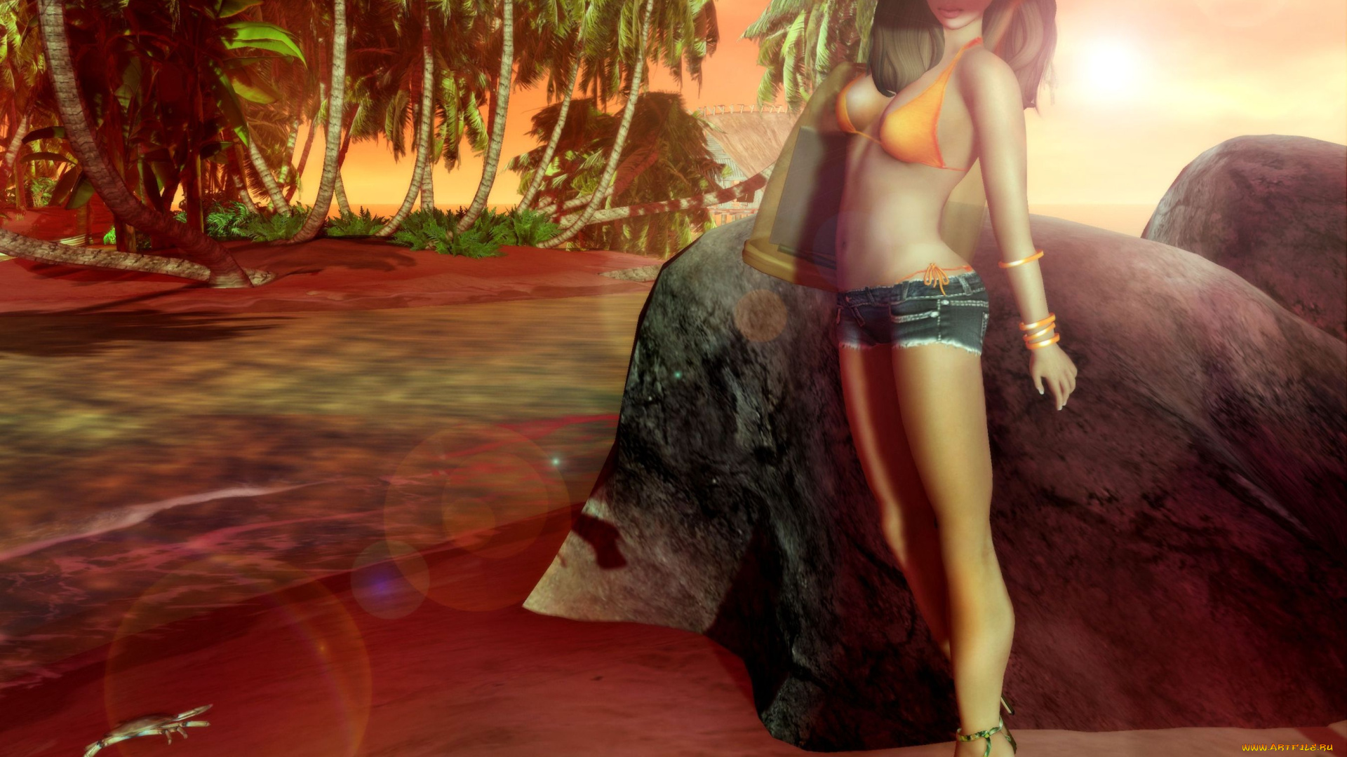 3д, графика, people, люди, купальник, девушка, шляпа, пальмы, песок, море