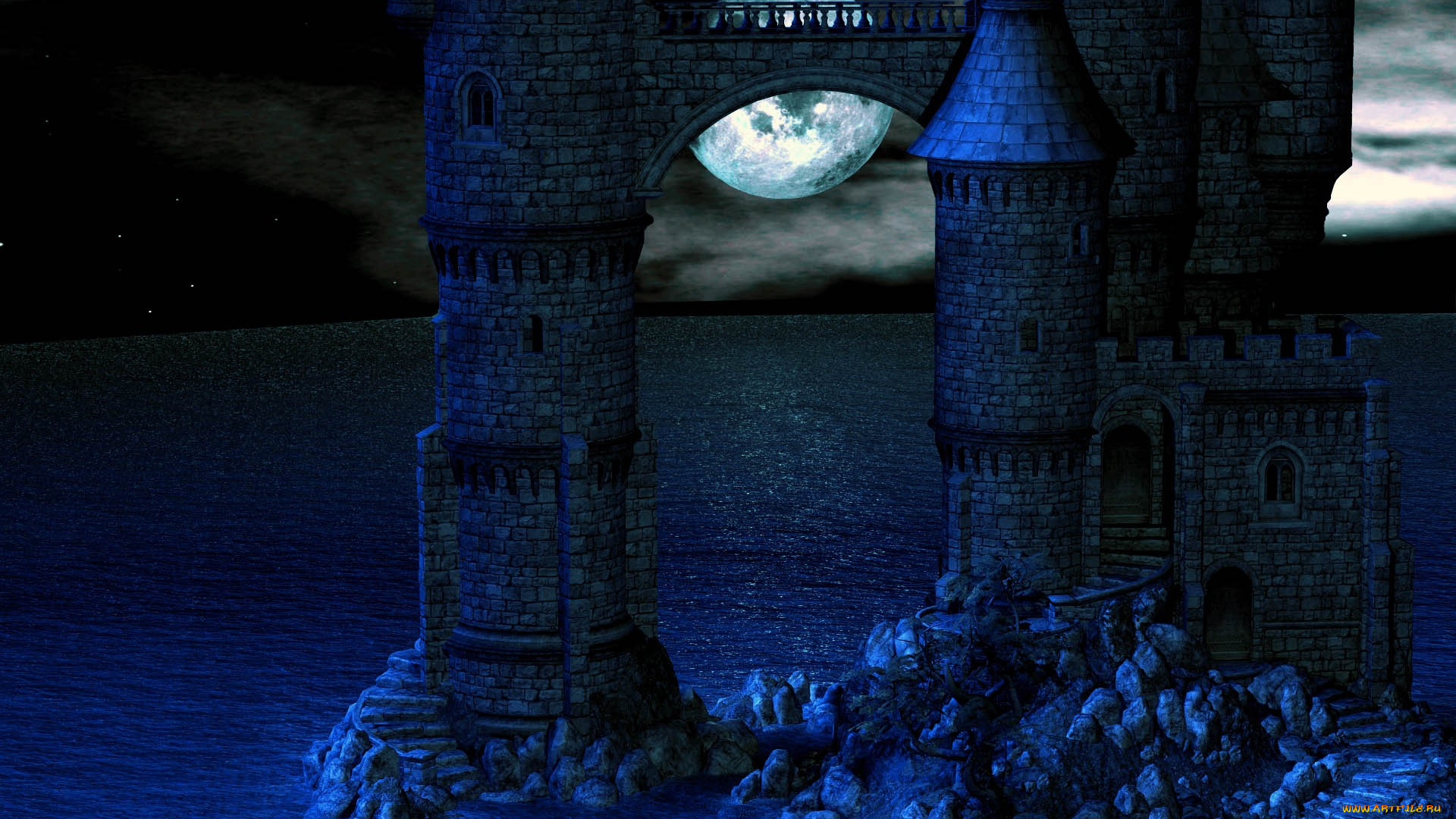 3д, графика, architecture, архитектура, море, замок, луна