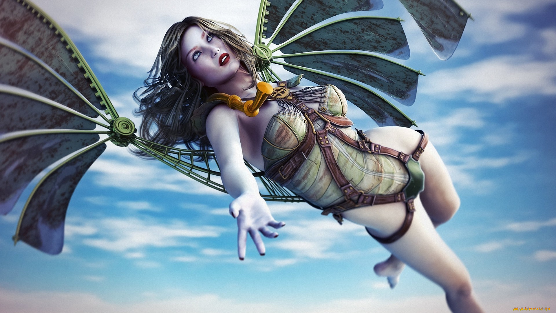 3д, графика, fantasy, фантазия, крылья, девушка, механика