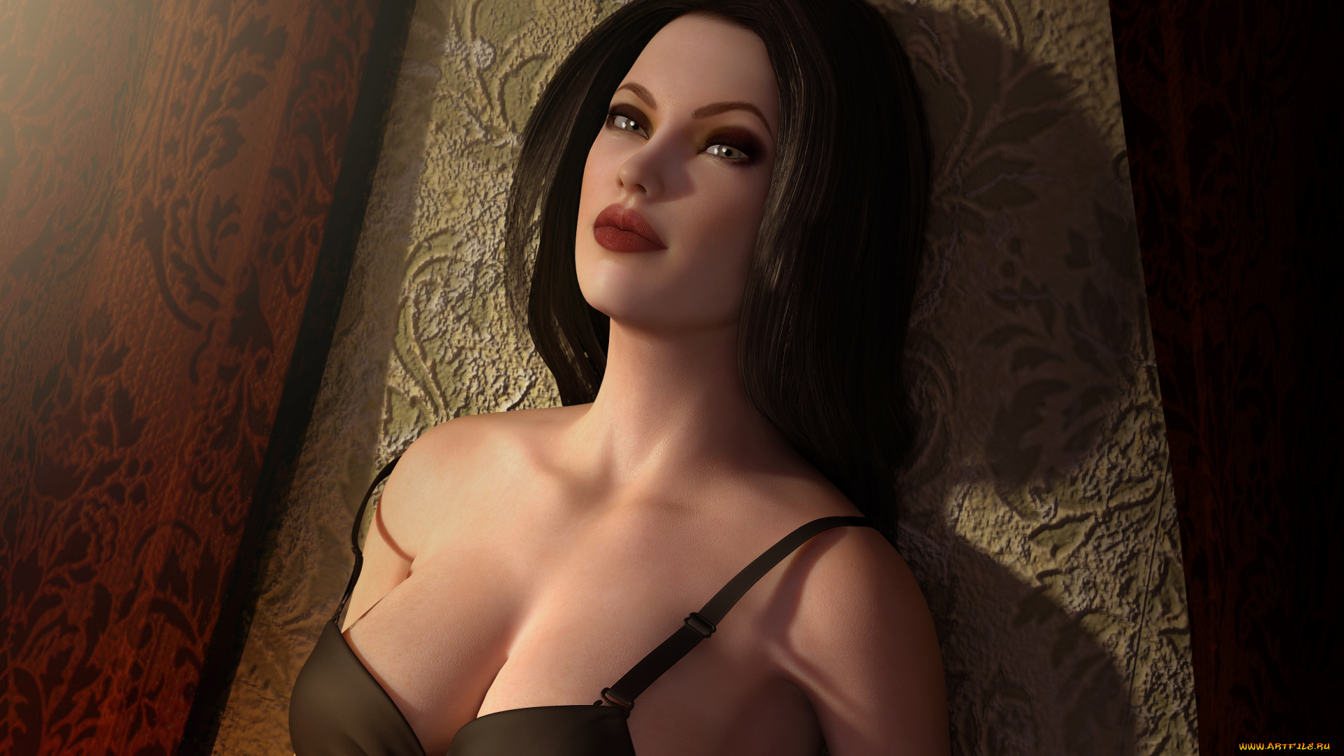 3д, графика, portraits, портрет, губы, взгляд, рендеринг, девушка, лицо, макияж, волосы, грудь, стена