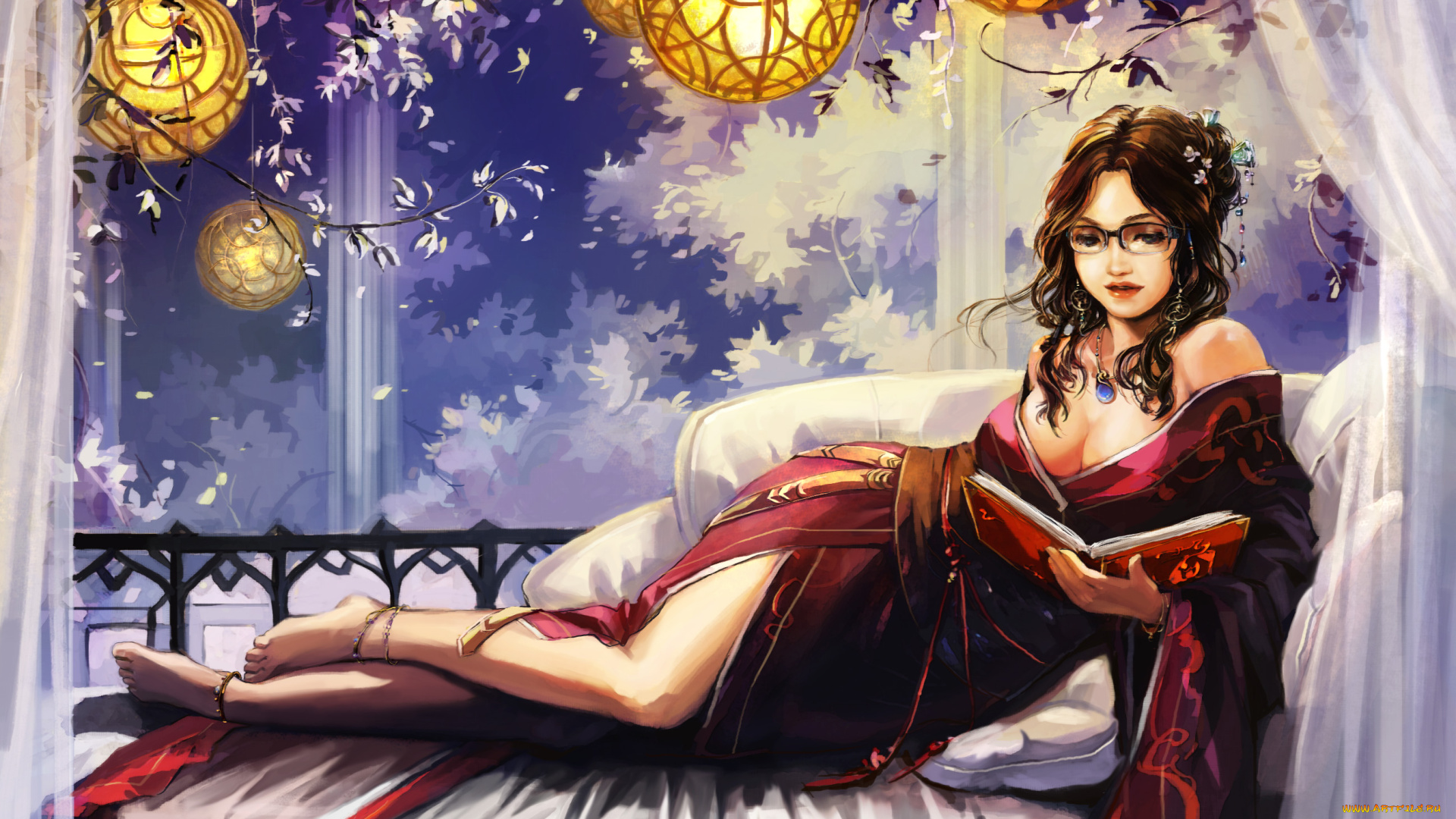 аниме, *unknown, другое, фонарики, книга, девушка, кимоно, очки