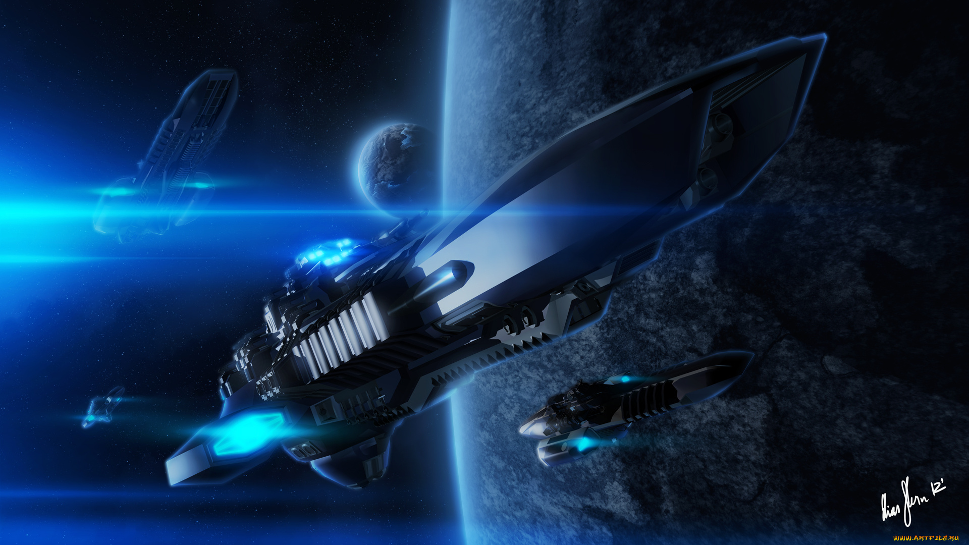 космос, арт, планеты, звездолёт