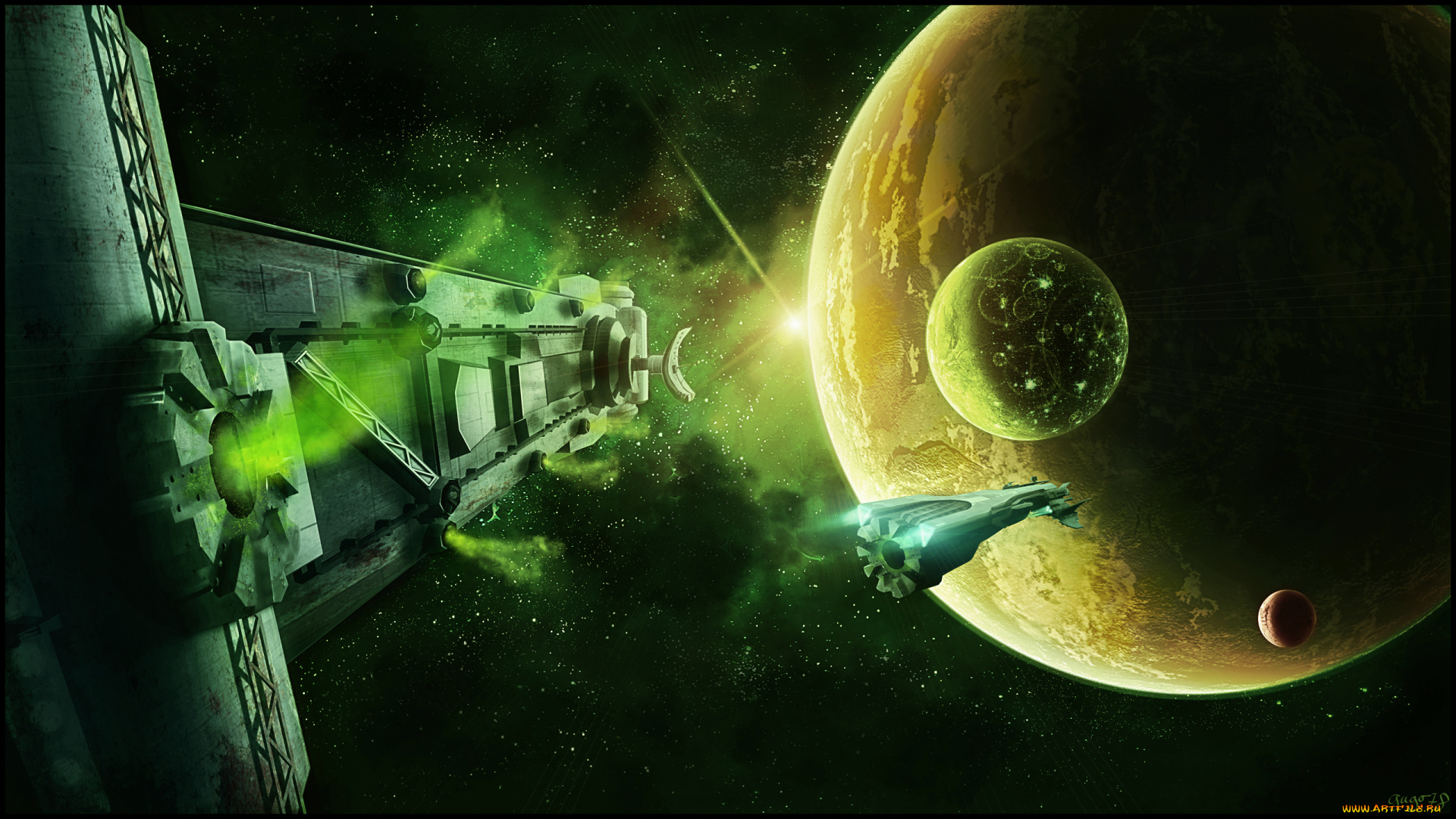 космос, арт, звездолёт, планеты