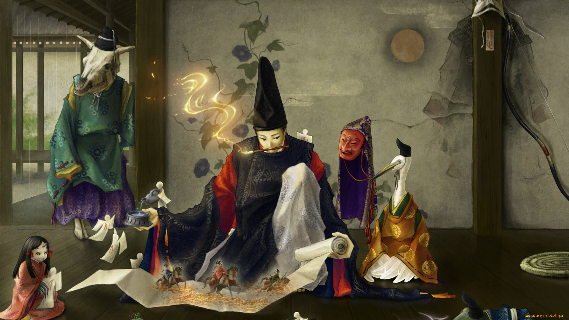 nurarihyon, no, mago, аниме, журавль, оригами, девочка, маска, магия, лягушка