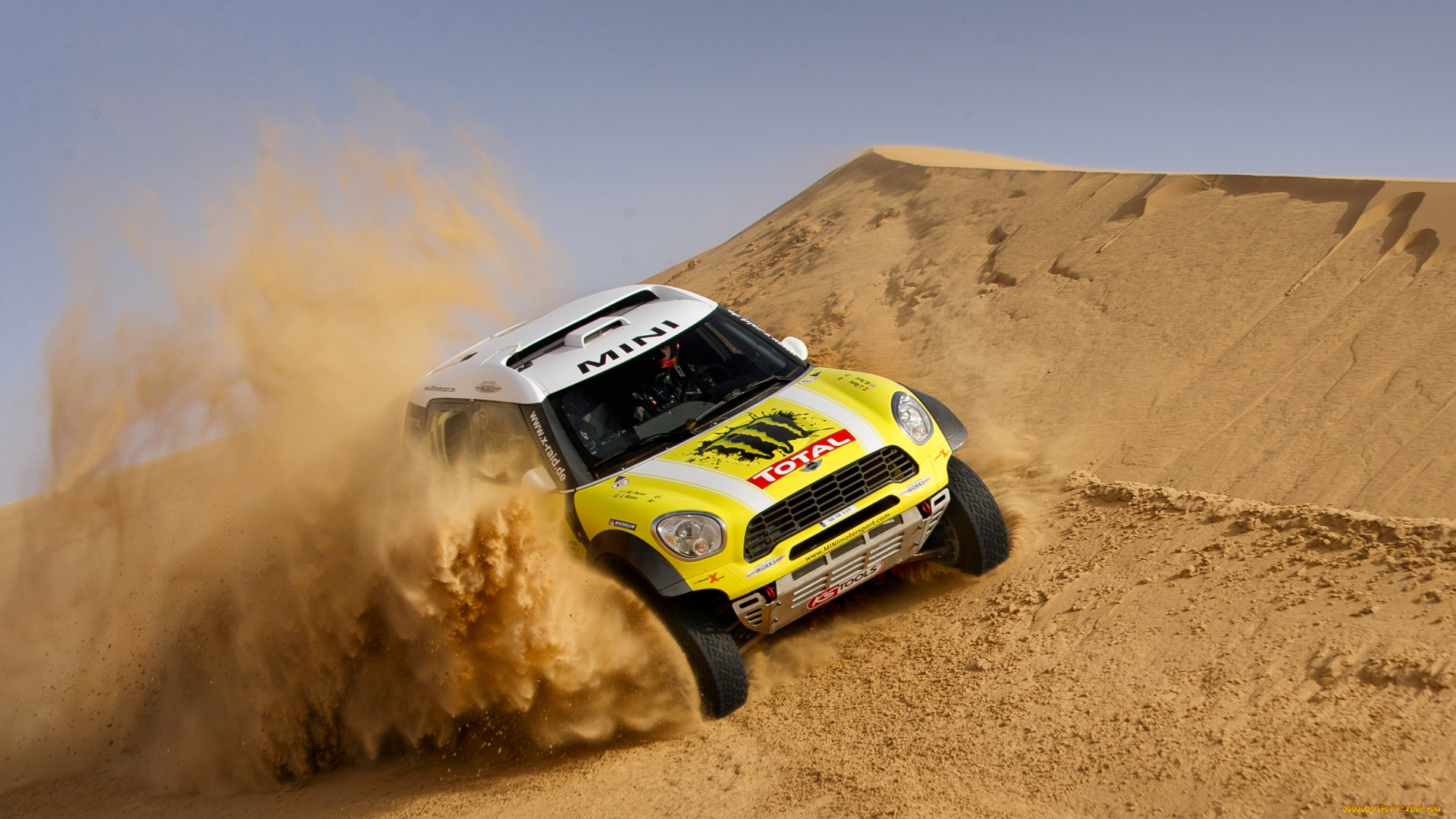 спорт, авторалли, mini, мини, купер, dakar, rally, x-raid, желтый, дюна, песок, гонка, передок, cooper