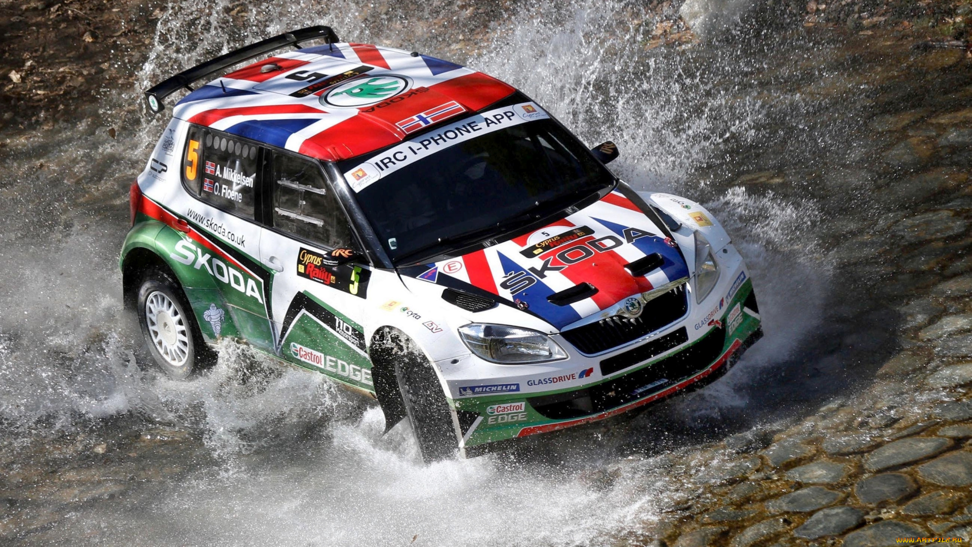 спорт, авторалли, skoda, fabia, rally, вода, авто, вид, с, верху, брызги, гонка