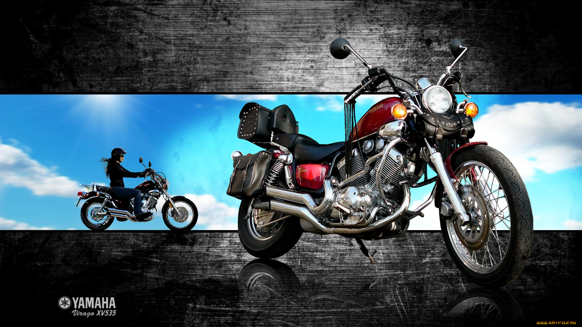 yamaha, virago, xv535, мотоциклы, небо, девушка, красный