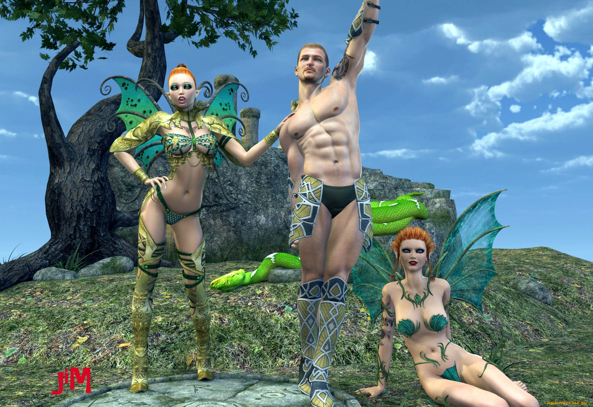 3д, графика, elves, эльфы, змея, мужчина, дерево, камень, девушки