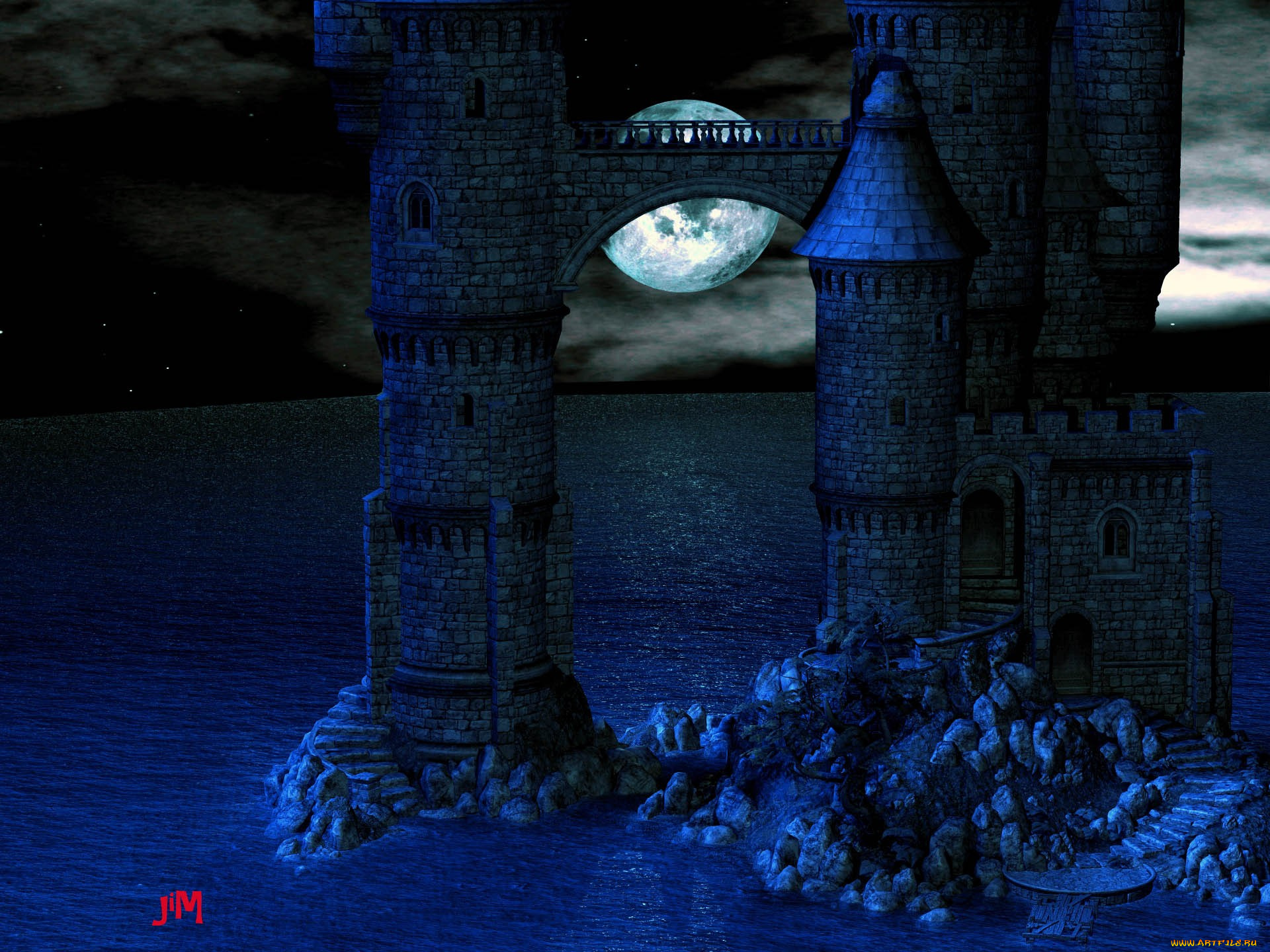 3д, графика, architecture, архитектура, море, замок, луна