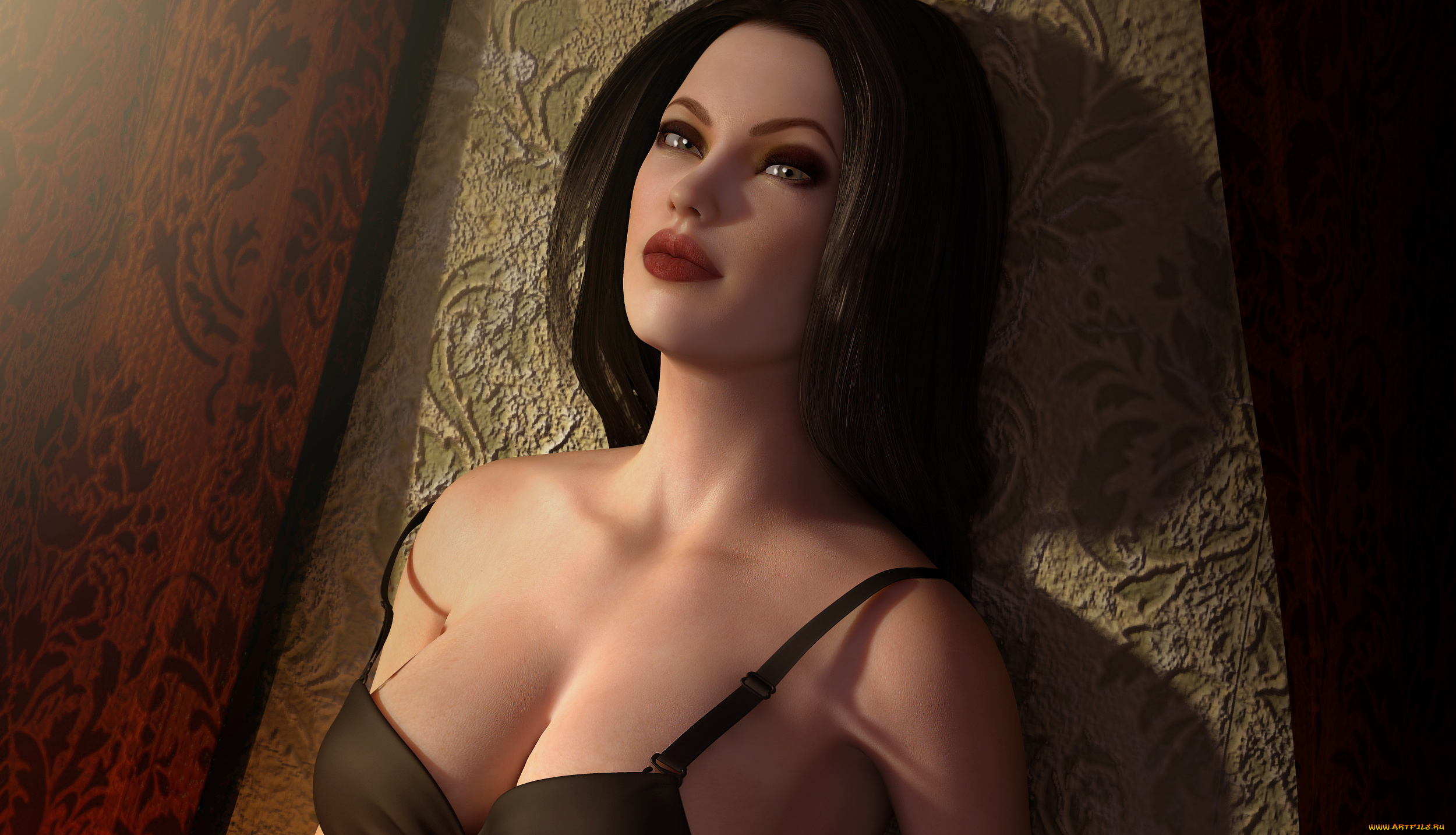 3д, графика, portraits, портрет, губы, взгляд, рендеринг, девушка, лицо, макияж, волосы, грудь, стена