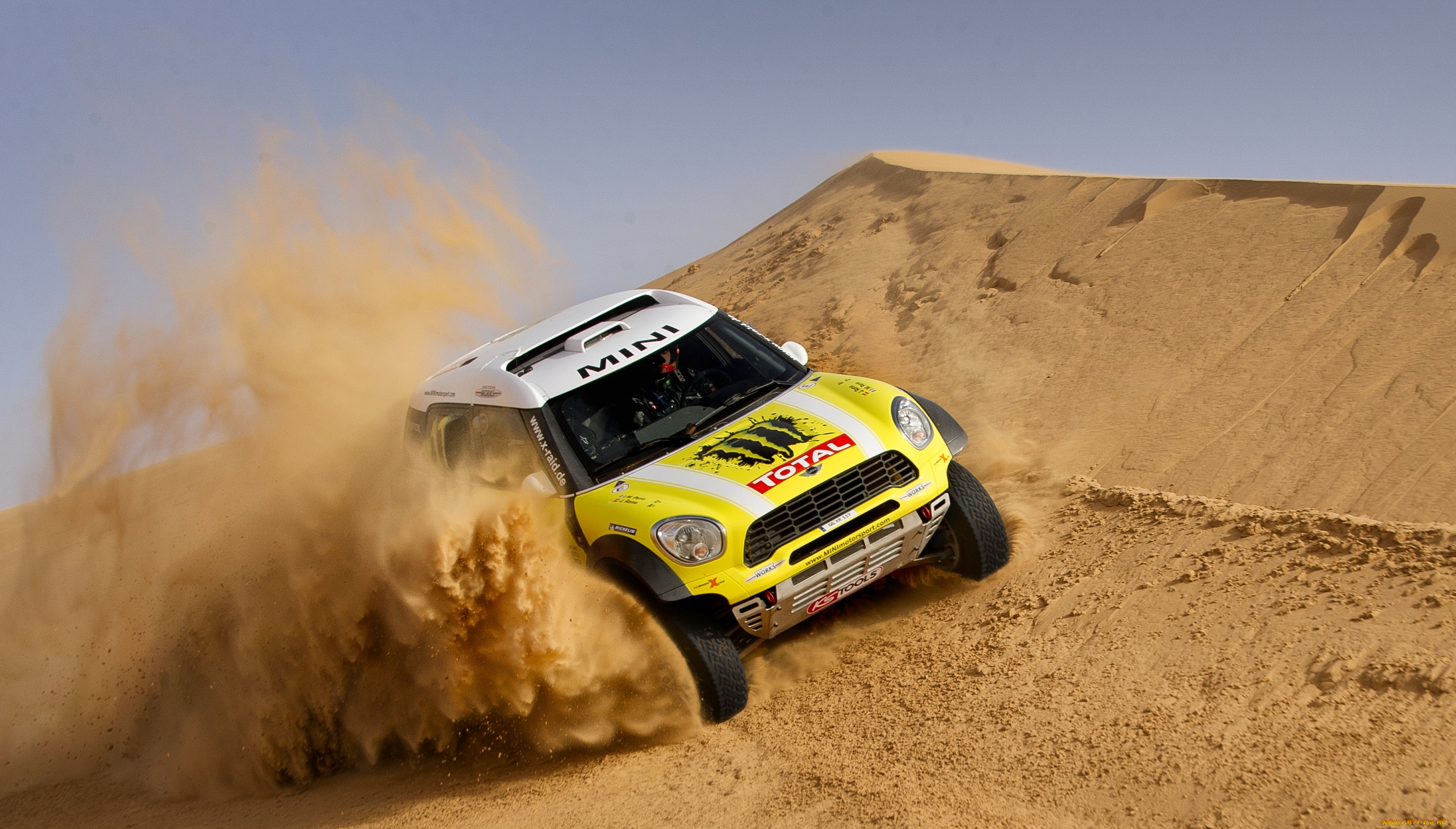 спорт, авторалли, mini, мини, купер, dakar, rally, x-raid, желтый, дюна, песок, гонка, передок, cooper