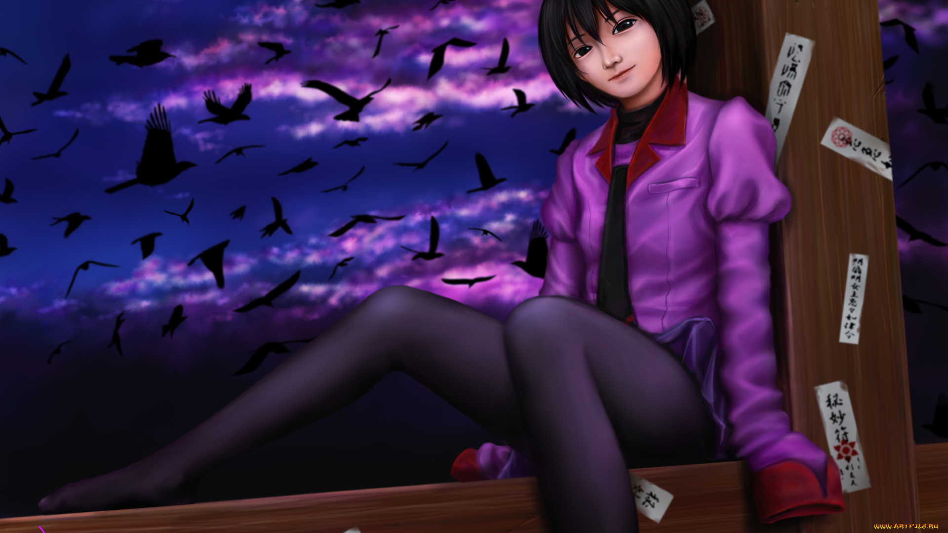 аниме, bakemonogatari, птицы, ночь, школьница, art, ebi, девушка, oshino, ougi, взгляд, улыбка, поза