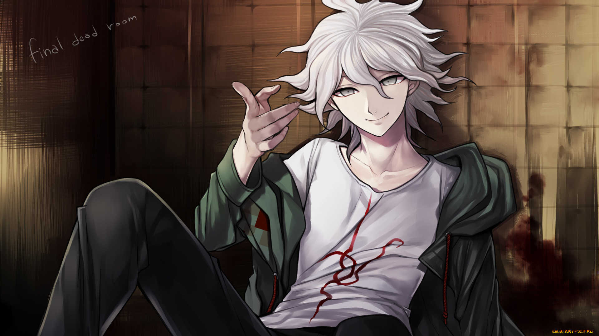 аниме, danganronpa, мальчик, рука, komaeda, nagito, стена, кровь, кофта, футболка, волосы