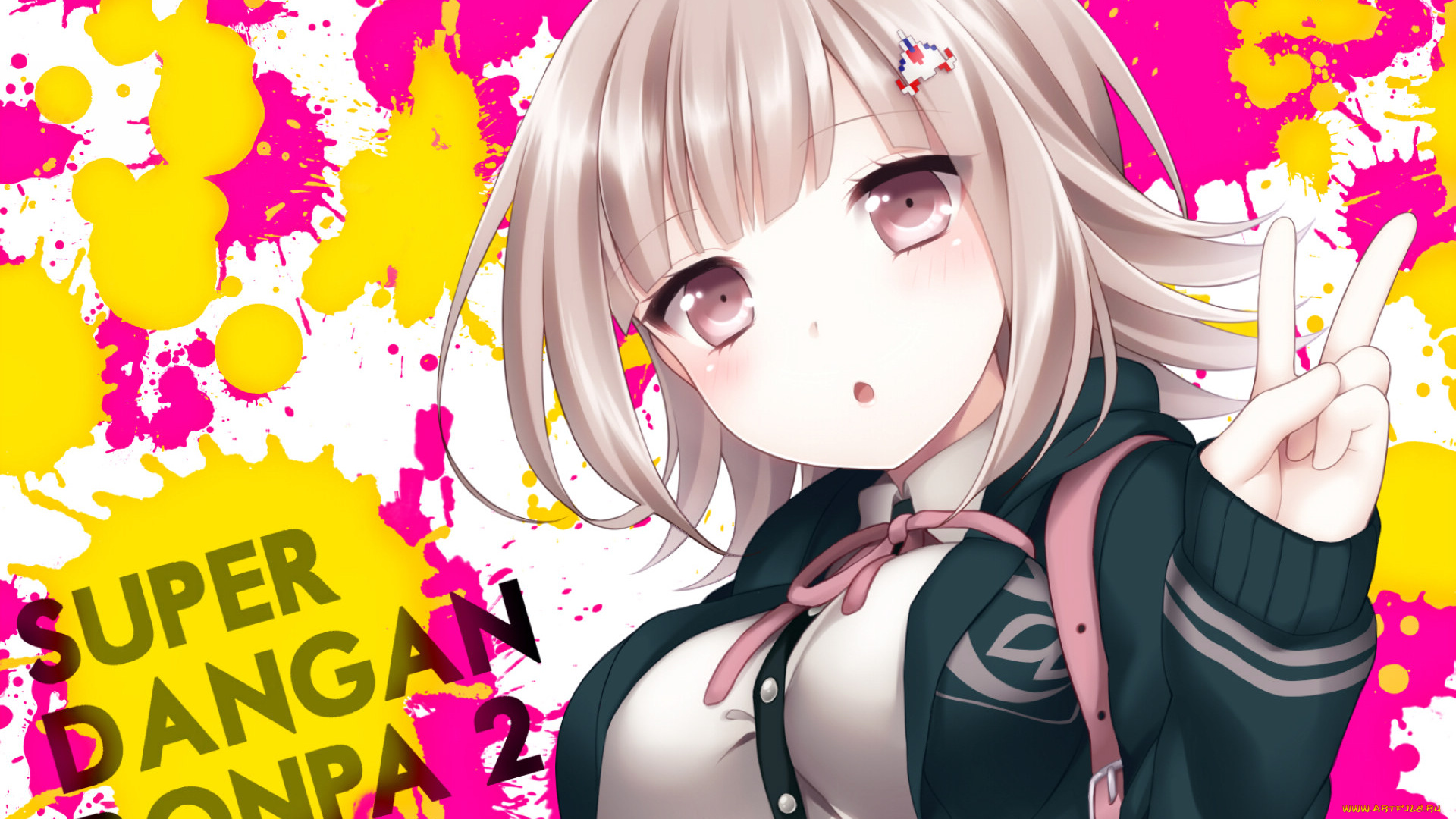 аниме, danganronpa, рука, жест, nanami, chiaki, заколка, форма, лента