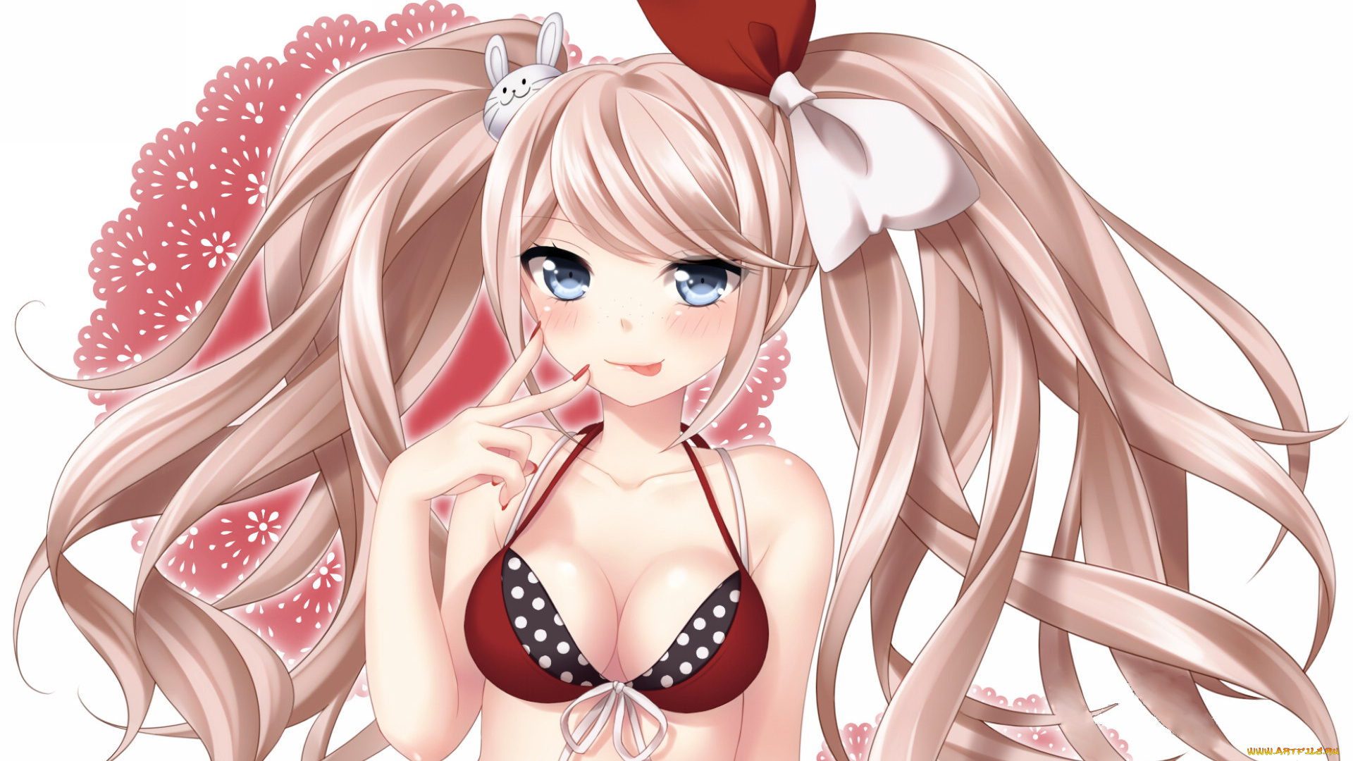 аниме, danganronpa, взгляд, enoshima, junko, девушка, заколка, медведь, грудь, руки, волосы, язык, бант