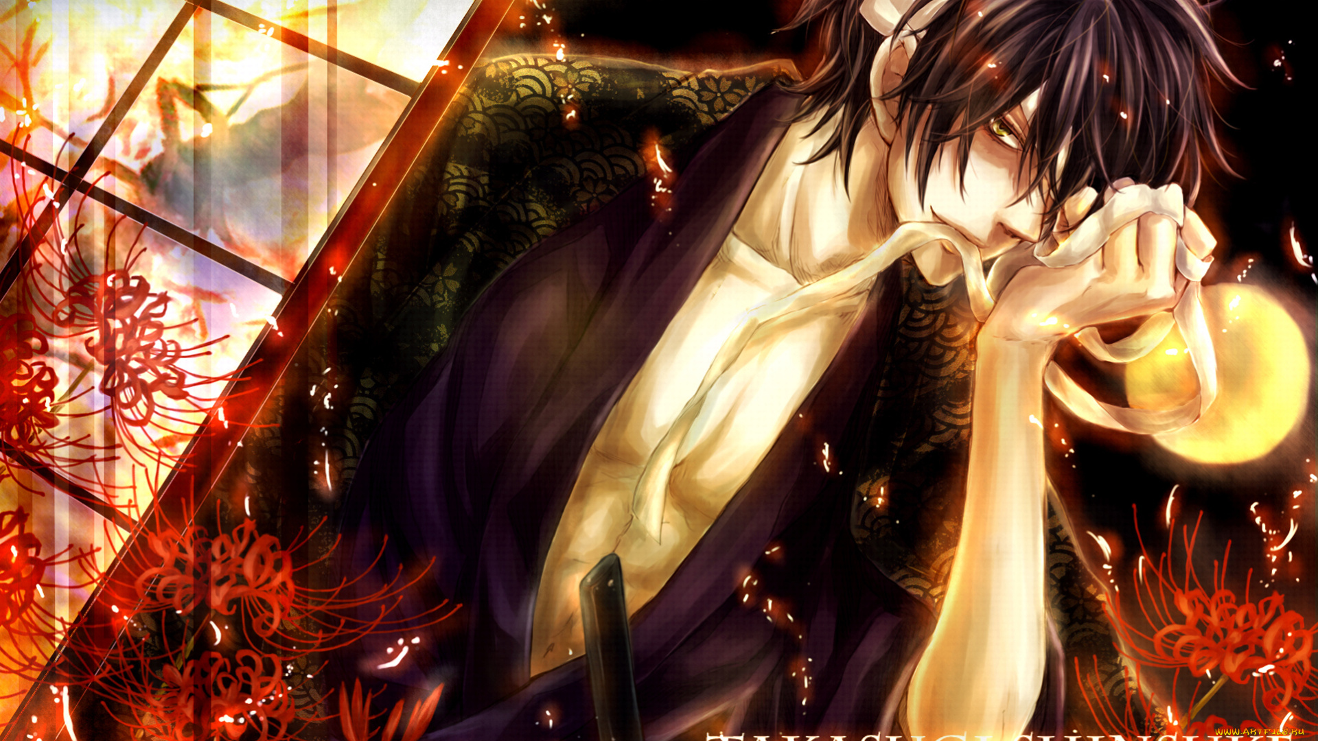 аниме, gintama, искры, цветы, самурай, мужчина, бинт, желтая, луна, takasugi, shinsuke