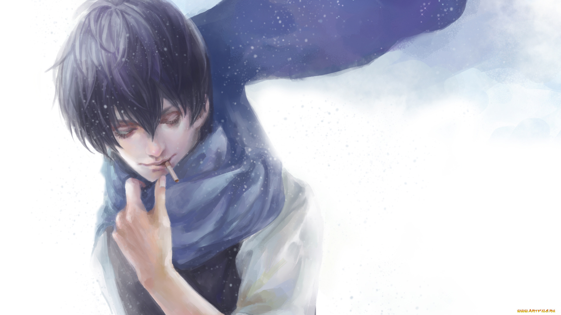 аниме, gintama, сигарета, снег, курит, мужчина, небо, шарф, hijikata, toushirou, гинтама