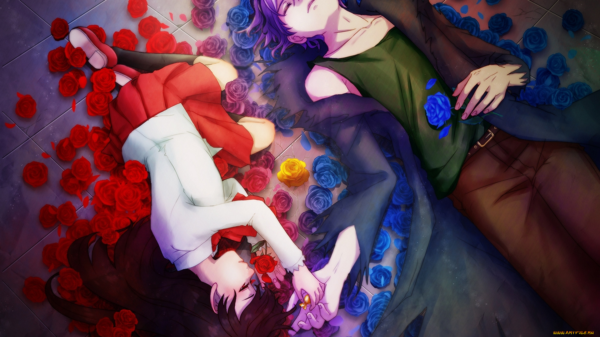 аниме, ib, лепестки, арт, конфета, розы, цветы, парень, девушка, gary, sora, k