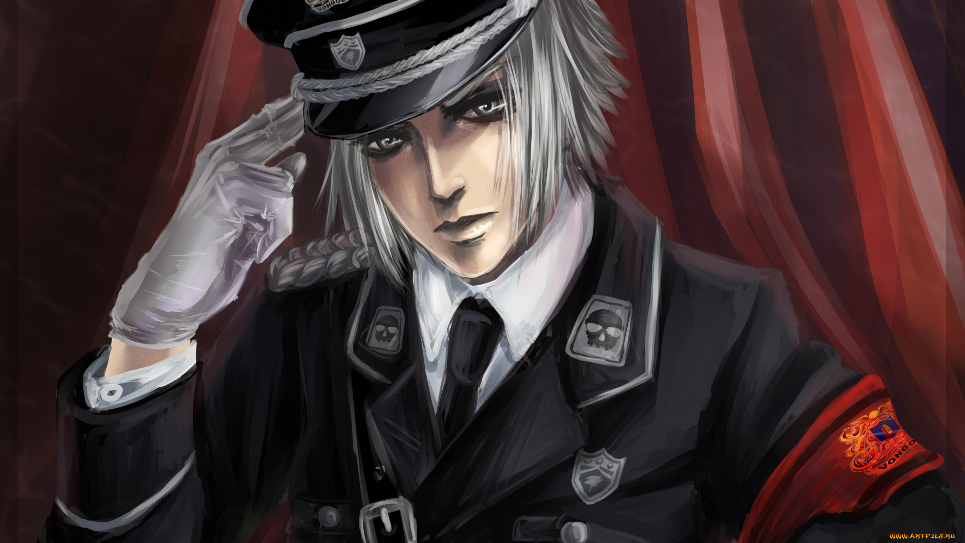 аниме, katekyo, hitman, reborn, серые, сидит, волосы, арт, парень, кепка, взгляд, перчатки, реборн, хаято, форма, черепа, вонгола, учитель, мафиози, гакудера