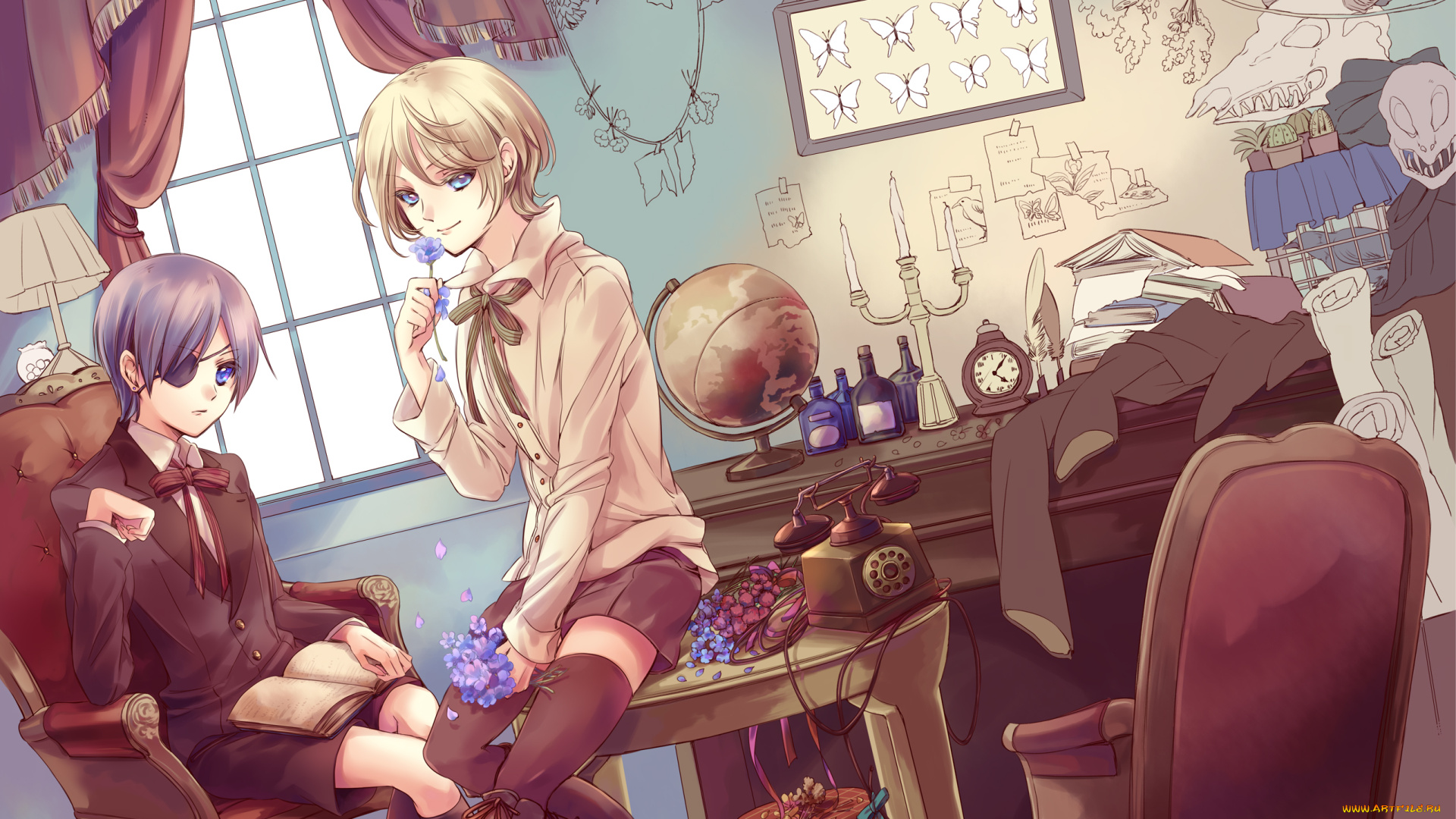 аниме, kuroshitsuji, комната, alois, trancy, сиэль, art, бабочки, череп, телефон, лампа, ciel, phantomhive, парни, yamada, ako, бардак, книги, свечи, окно, стол, кресла, дворецкий, темный, цветы, бумага, глобус, фантомхайв, транси, алоис