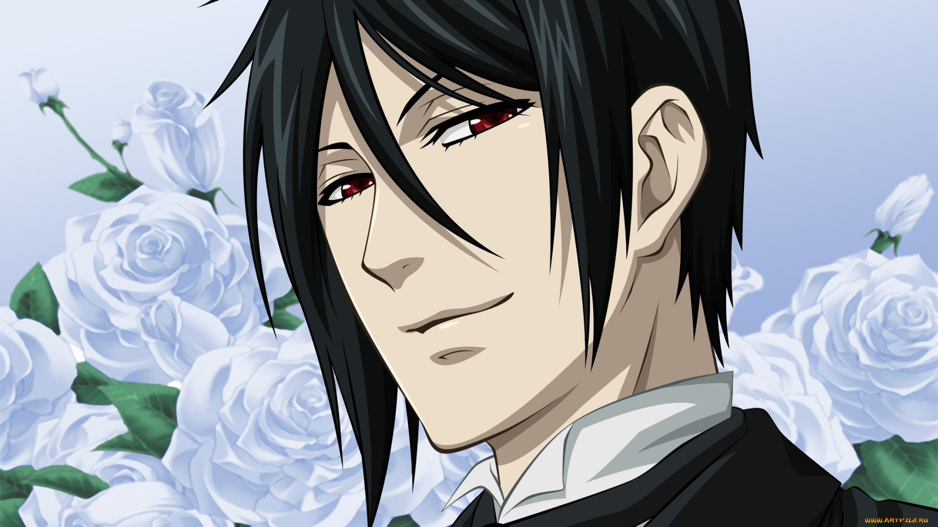 аниме, kuroshitsuji, розы, цветы, себастьян, михаэлис, темный, дворецкий