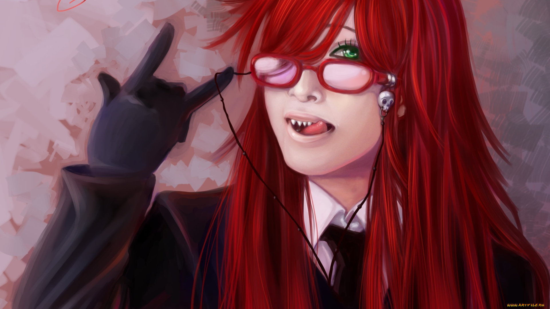 аниме, kuroshitsuji, взгляд, очки, язык, арт, шинигами, садклиф, грель, перчатки, парень, дворнцкий, тёмный