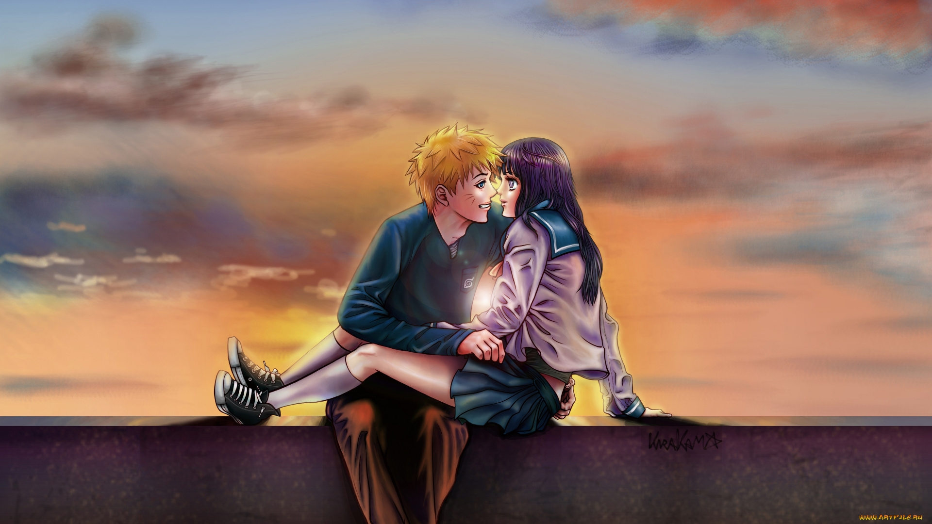 аниме, naruto, улыбка, закат, облака, небо, фан, арт, хината, хьюга, наруто, узумаки, пара, девушка, блондин, брюнетка, парень