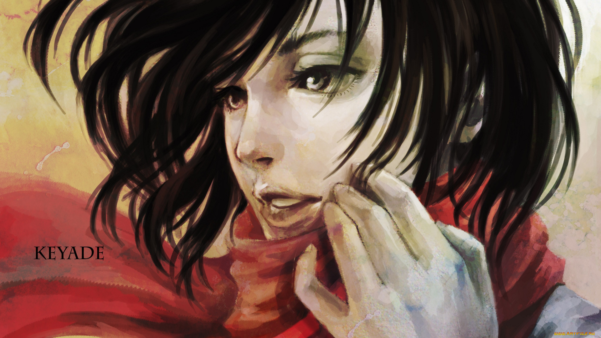 аниме, shingeki, no, kyojin, лицо, шарф, арт, брюнетка, девушка