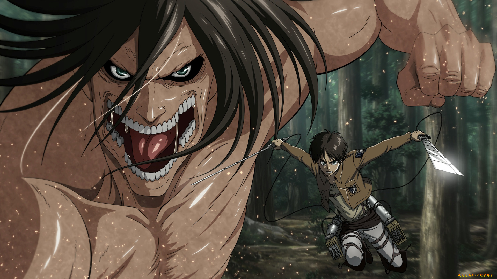 аниме, shingeki, no, kyojin, прыжок, оружие, парень, титан