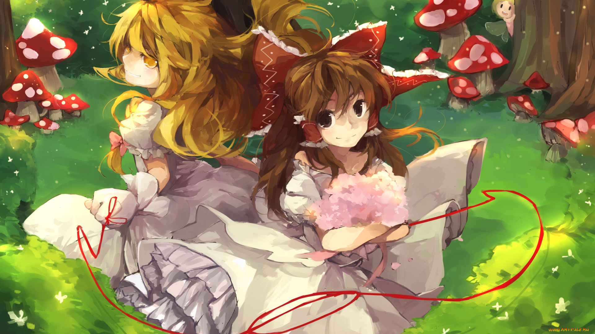 аниме, touhou, бант, девушки, kirisame, marisa, hakurei, reimu, shuzi, арт, улыбка, шляпа, грибы, деревья, природа, цветы, букет