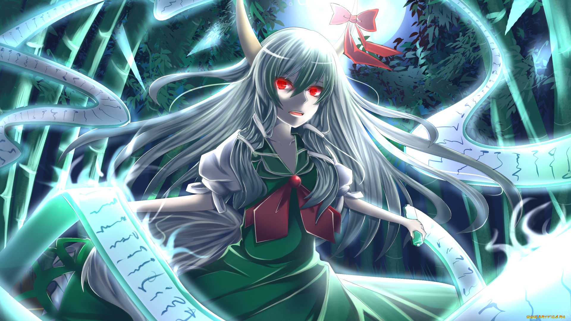аниме, touhou, kamishirasawa, keine, art, рога, красные, глаза, взгляд, луна, печати, стигмы, свиток, девушка