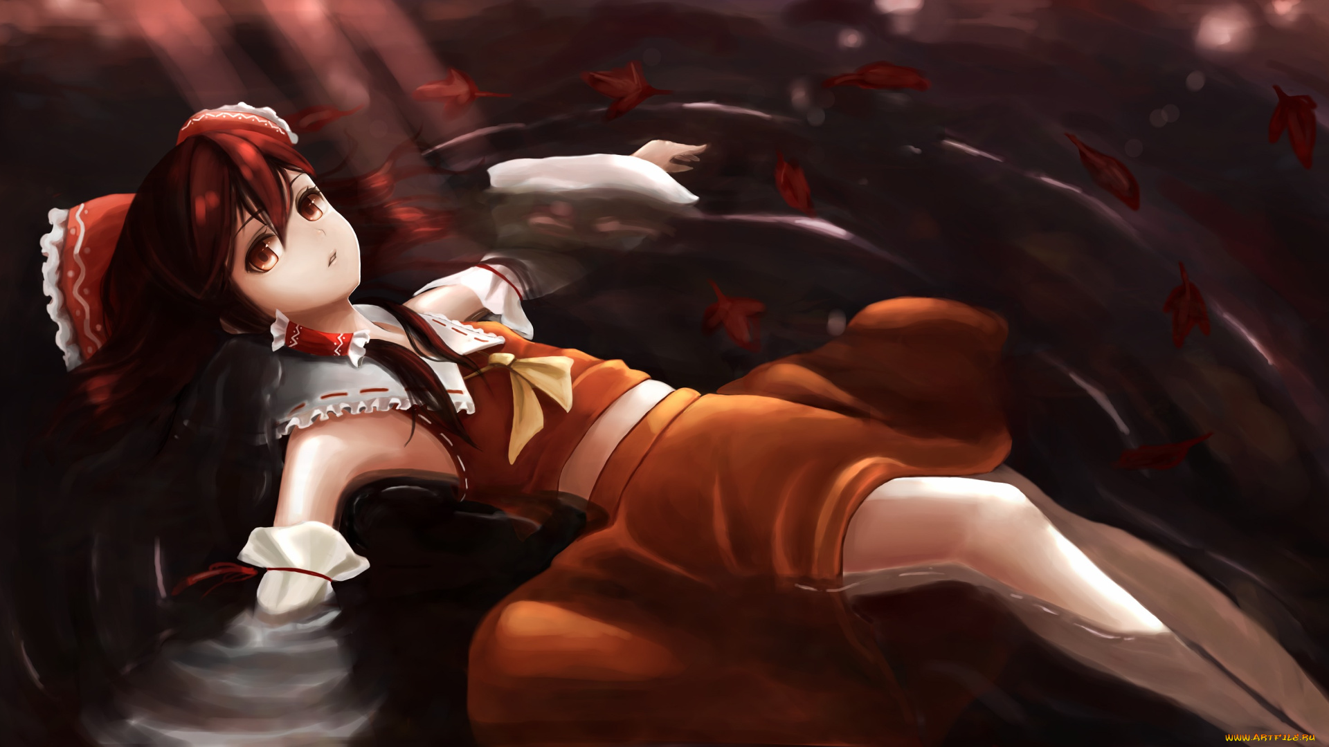аниме, touhou, листья, вода, лежит, взгляд, hakurei, reimu, девушка, sashimi, art