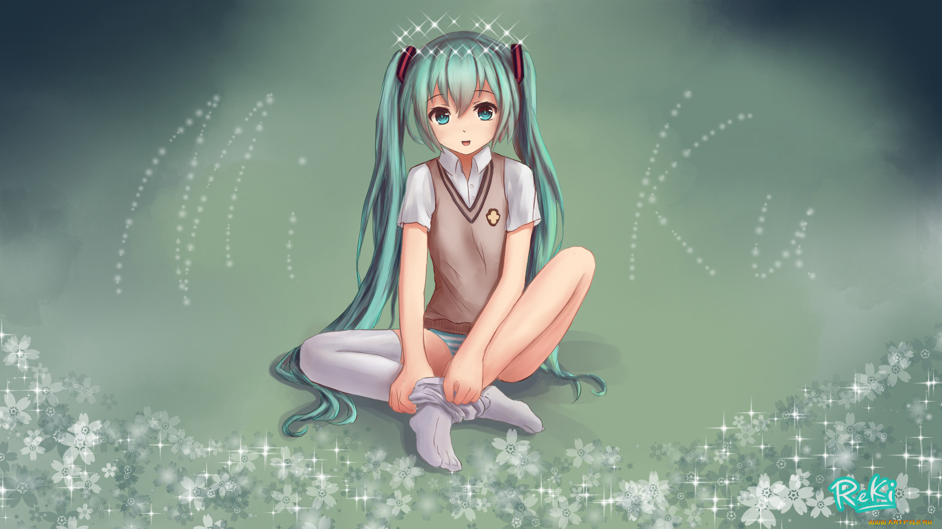 аниме, vocaloid, art, reki, девушка, hatsune, miku, взгляд, улыбка, сидит, вокалоид